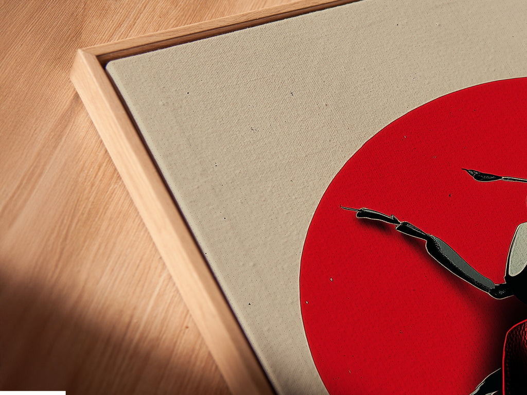 This is a close-up showing the ladybug canvas print in a floating frame. The frame enhances the artwork's modern appeal. The red insect canvas is perfect for playroom decor. It's a stylish accent for kids' wall art.