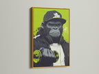A luxurious gold frame elevates the gorilla workout canvas print. This urban animal art is ideal for fitness wall art in any space. Add a touch of glam to your home gym or office. This motivational artwork features a contemporary style and a striking lime green color.