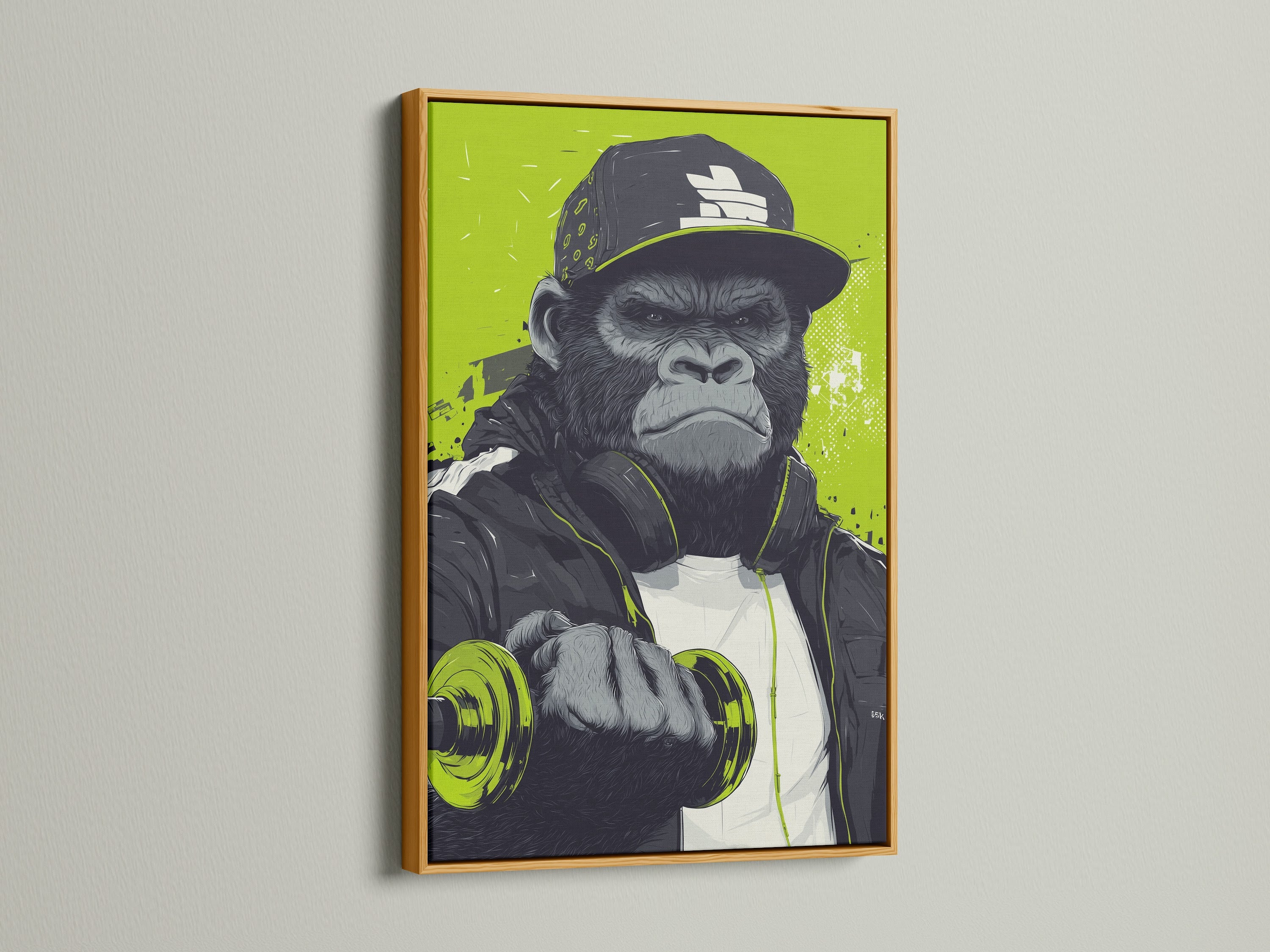 A luxurious gold frame elevates the gorilla workout canvas print. This urban animal art is ideal for fitness wall art in any space. Add a touch of glam to your home gym or office. This motivational artwork features a contemporary style and a striking lime green color.