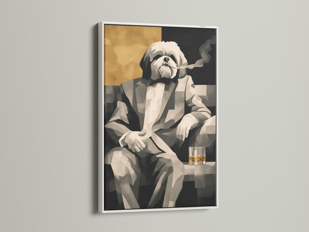 Dog Smoking Art Print in a White Frame. The Shih Tzu Canvas Art makes a statement in any room. This gentleman dog portrait is a great dog lover gift. The funny dog art will bring smiles. Perfect humorous art for your space.