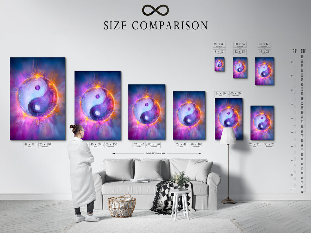 This is a size comparison chart in an interior setting. The Yin Yang canvas art is displayed. It is available in various sizes. It is perfect for yoga studios and meditation spaces.