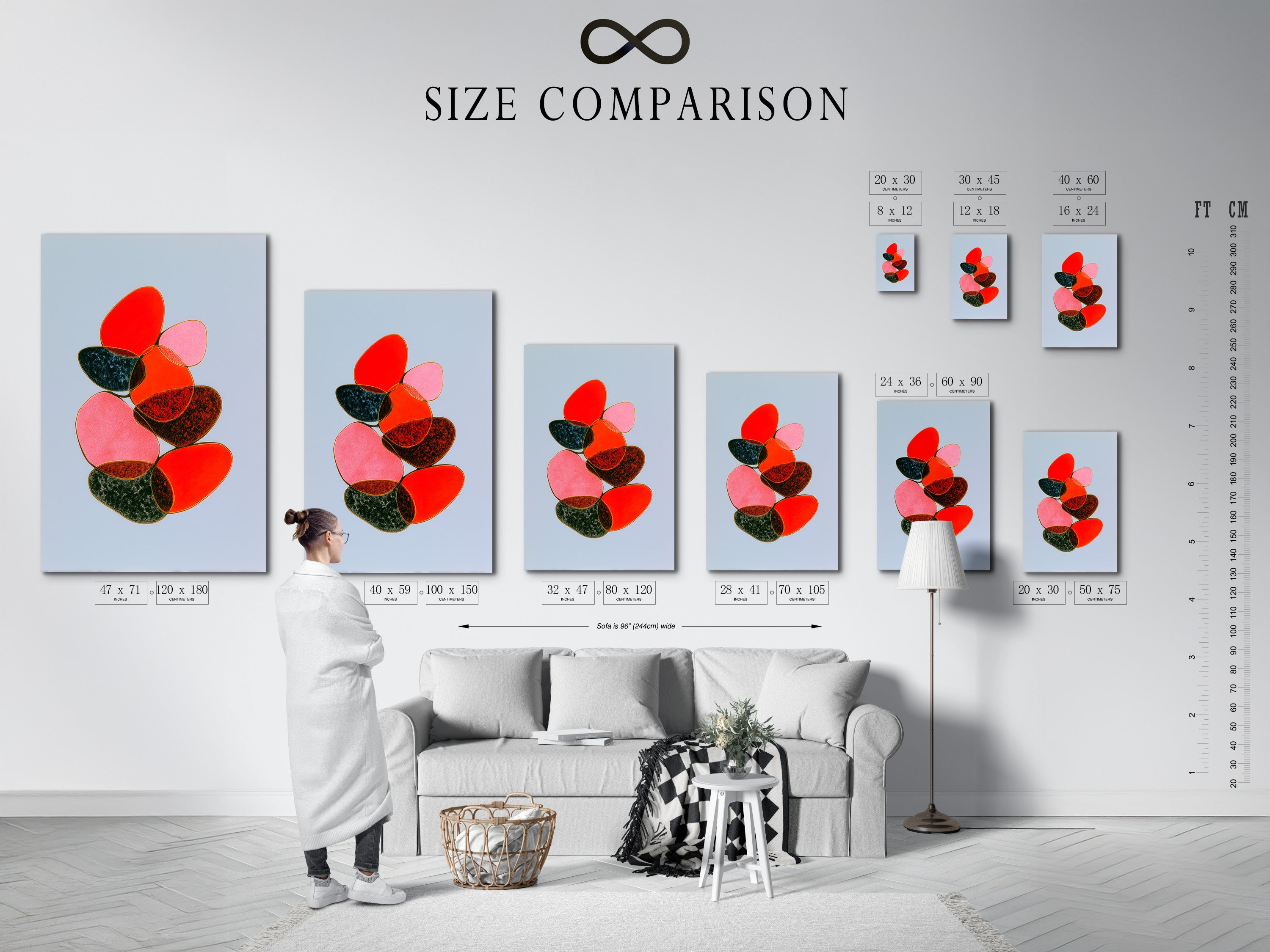 Size comparison chart of the abstract stone art in an interior. See how the geometric wall art fits in different spaces. Choose the perfect size for your modern wall decor. Ideal for bedroom wall decor.