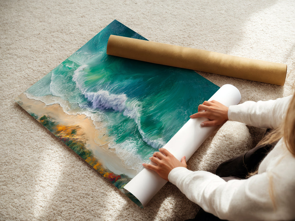 A woman carefully rolls a fine art poster paper. This showcases the care and quality of the art prints. The poster features ocean waves in turquoise and teal tones. Perfect for easy framing and display.