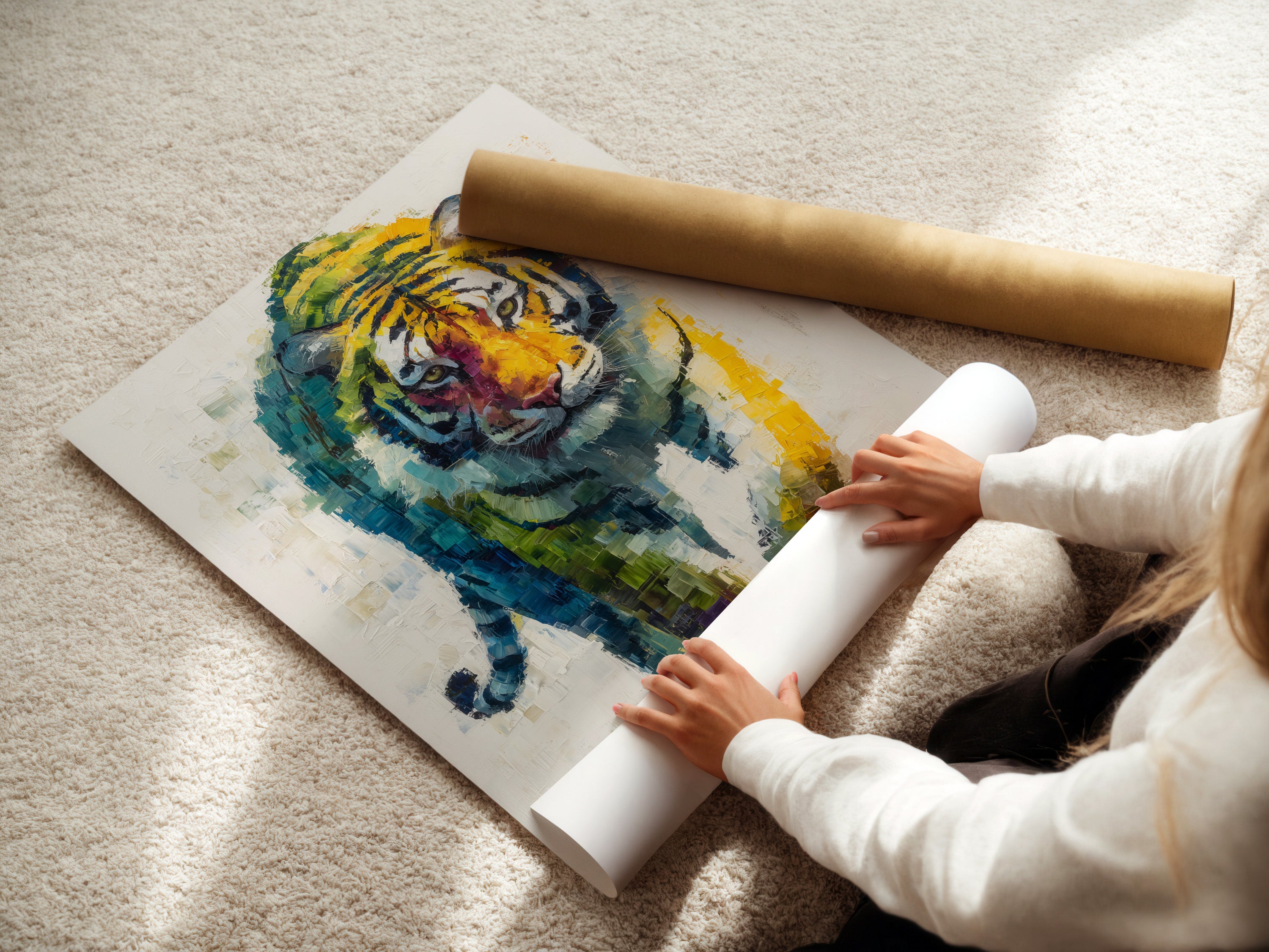 A woman is carefully rolling a fine art poster paper. The paper features a vibrant tiger artwork. This is a colorful wildlife art print ready for framing. Perfect for modern wall decor.