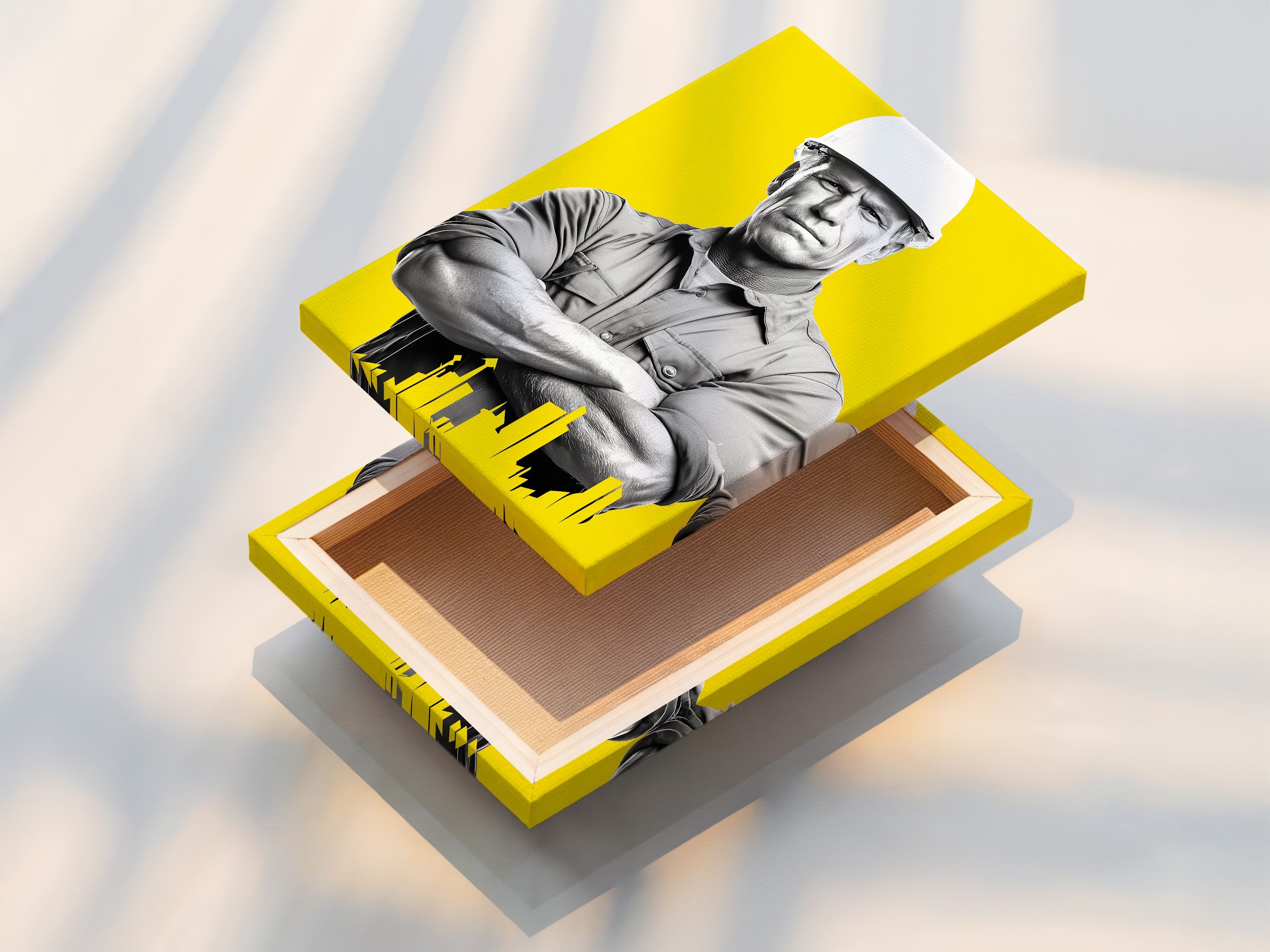 A stretched canvas print of the Construction Worker artwork. The architect print is a perfect gift for engineers. This modern canvas art is yellow wall art. It is great for office wall decor. This worker artwork is building art or architecture art.