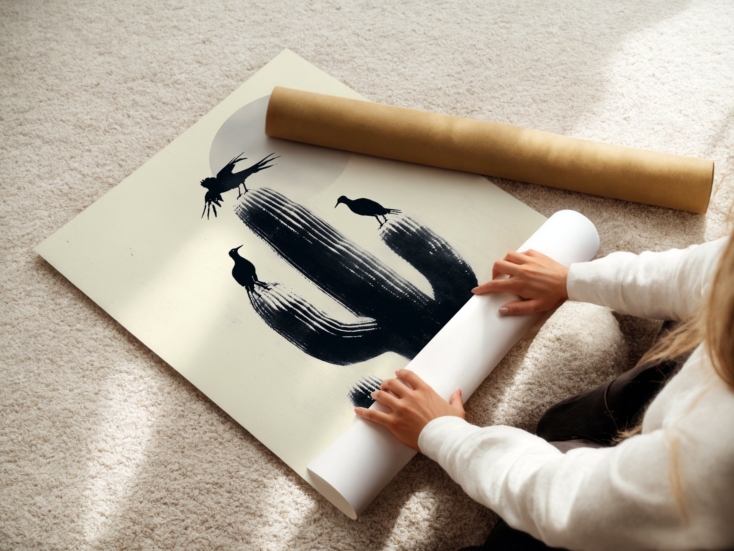 A woman is rolling a fine art poster paper featuring the Cactus Birds art. This desert silhouette print adds a southwestern touch to any room. Ideal for a study room or meditation space. Minimalist nature canvas.