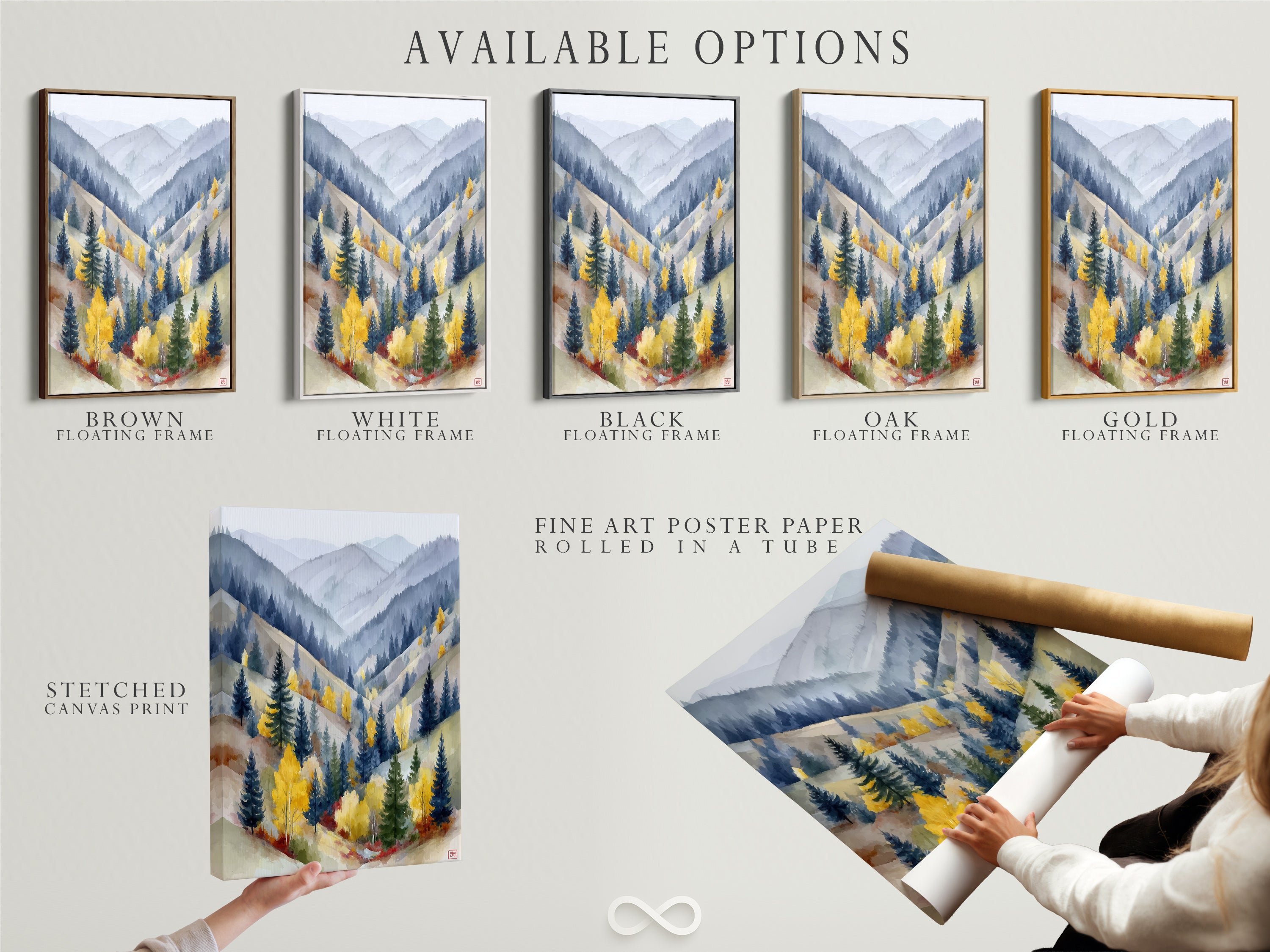 Available formats: stretched canvas, poster, floating frame.