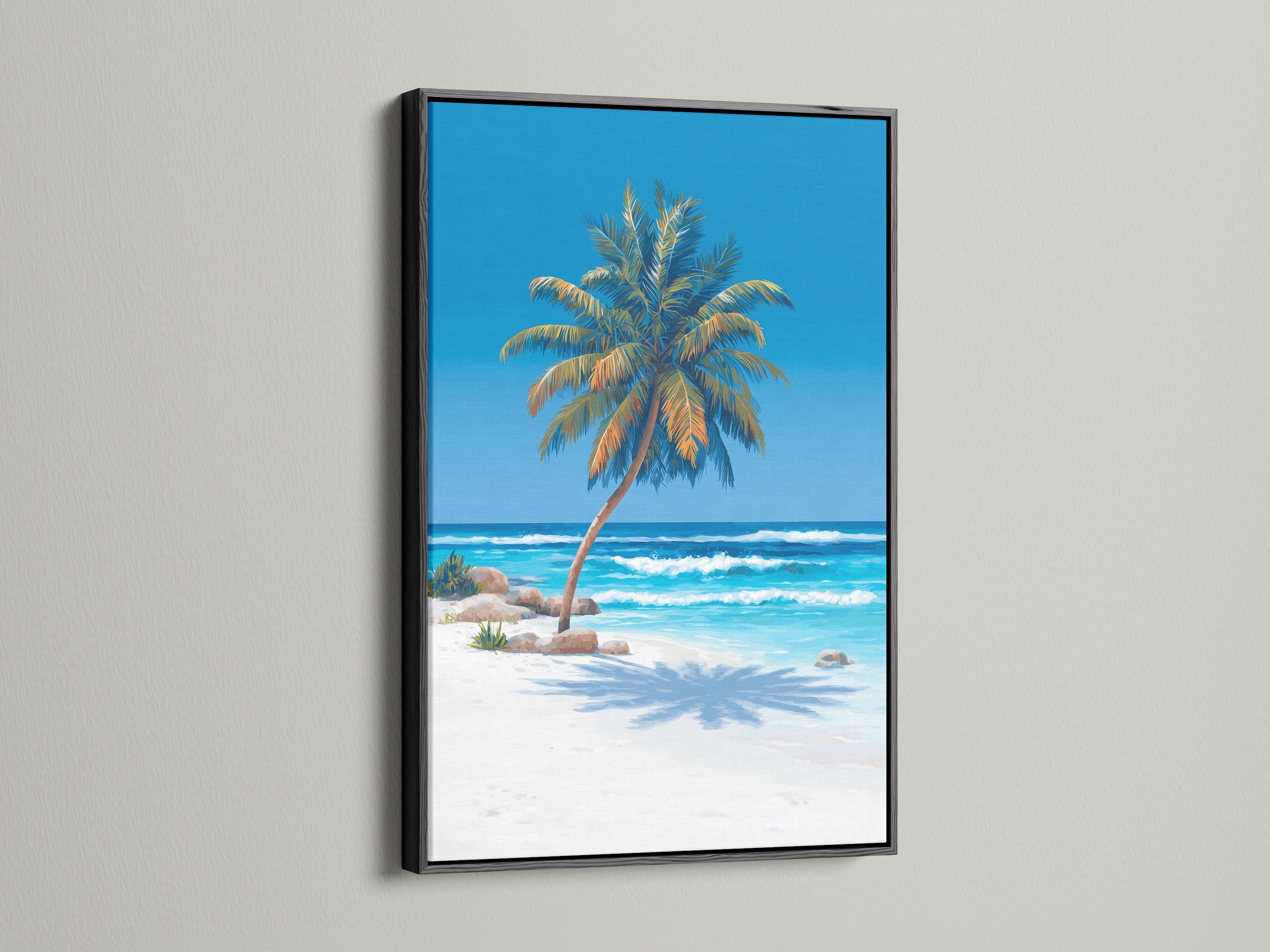 This paradise artwork features a striking black frame. The contrast enhances the vibrant turquoise blue ocean and white sand beach. The palm tree art evokes a sense of seaside tranquility. Bring the beauty of a tropical island into your home with this coastal art print