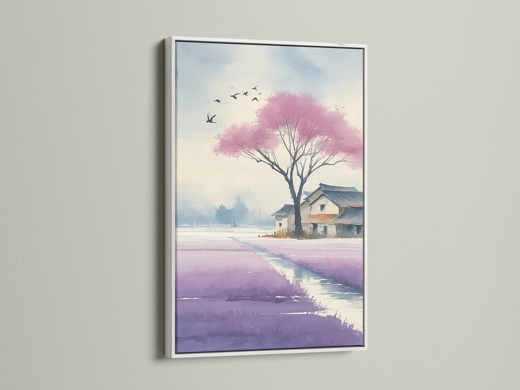 Japanese Cherry Blossom artwork in a white frame. This piece is a watercolor painting. It is perfect for living room wall art or bedroom wall decor. It makes a great office art print. It will bring a touch of zen to any room. 