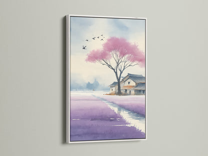 Japanese Cherry Blossom artwork in a white frame. This piece is a watercolor painting. It is perfect for living room wall art or bedroom wall decor. It makes a great office art print. It will bring a touch of zen to any room. 