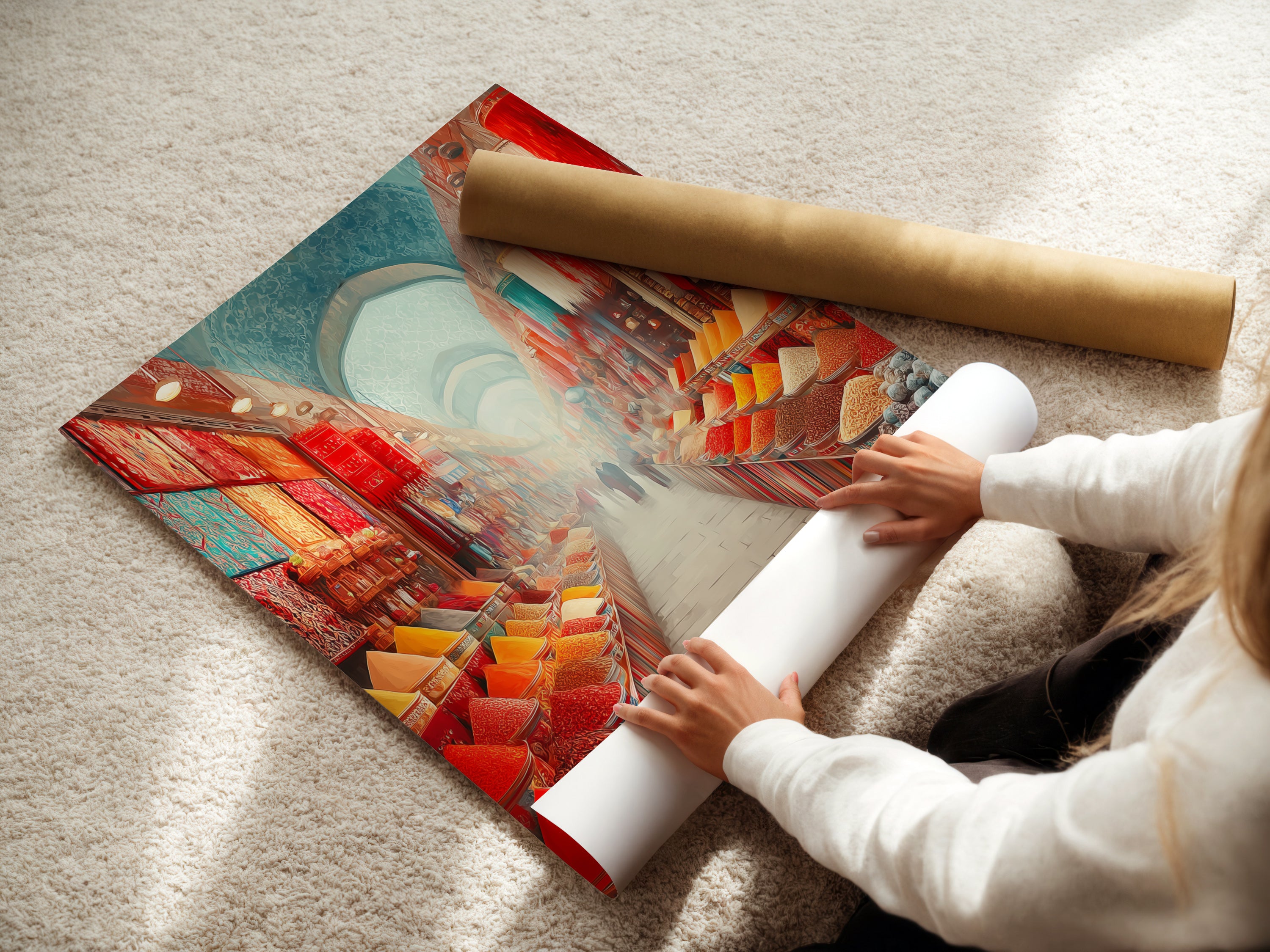 A woman is carefully rolling a fine art poster paper print of the Spice Market. The colorful food photography is perfect for kitchens and dining rooms. This exotic bazaar wall art is great for restaurants studios lobbies and clinics.