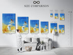 A size comparison chart is displayed in an interior setting. The chart helps visualize artwork dimensions. It is useful for planning your space. The chart showcases various sizes. It ensures you choose the perfect fit for your wall.