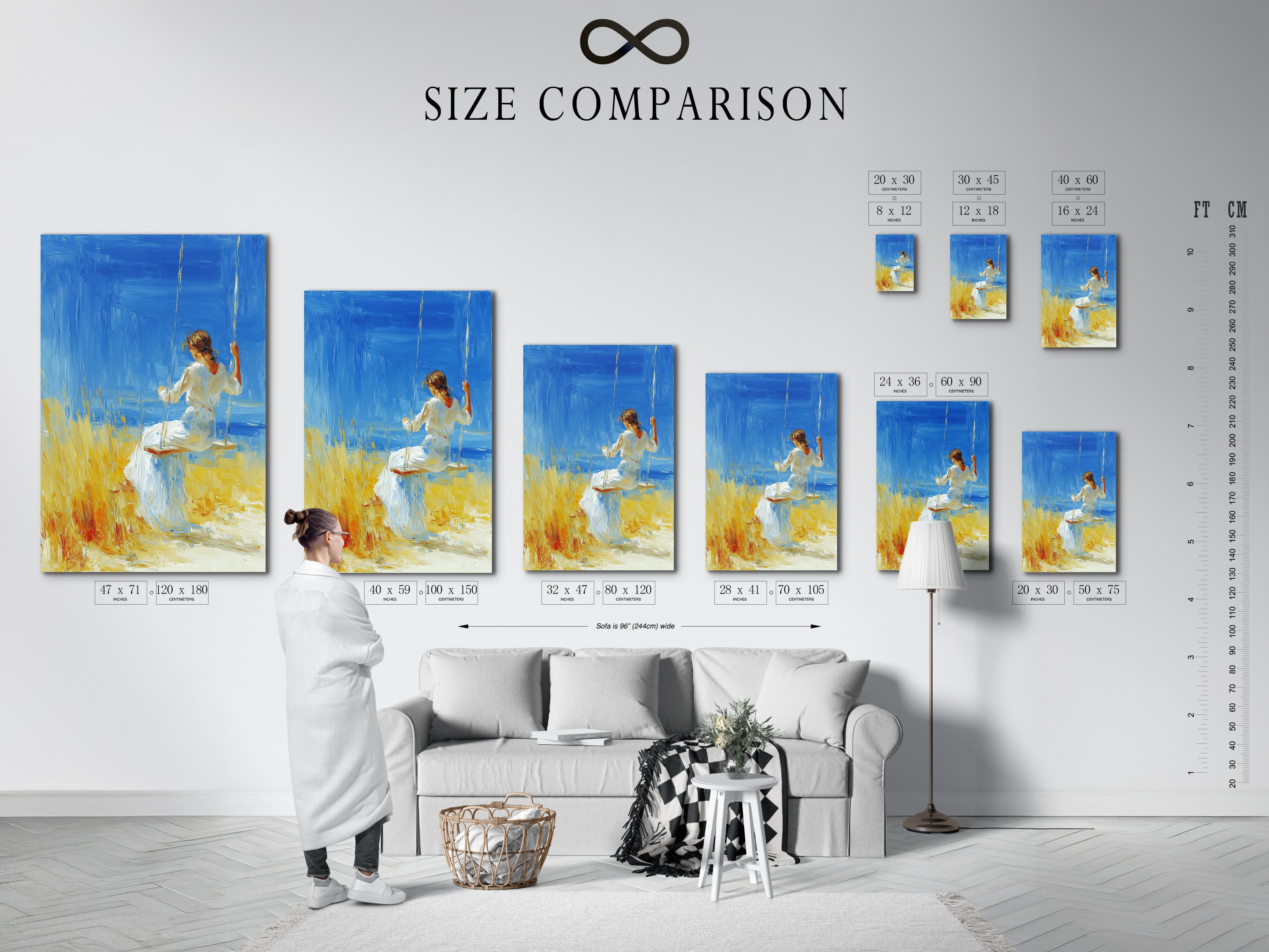 A size comparison chart is displayed in an interior setting. The chart helps visualize artwork dimensions. It is useful for planning your space. The chart showcases various sizes. It ensures you choose the perfect fit for your wall.