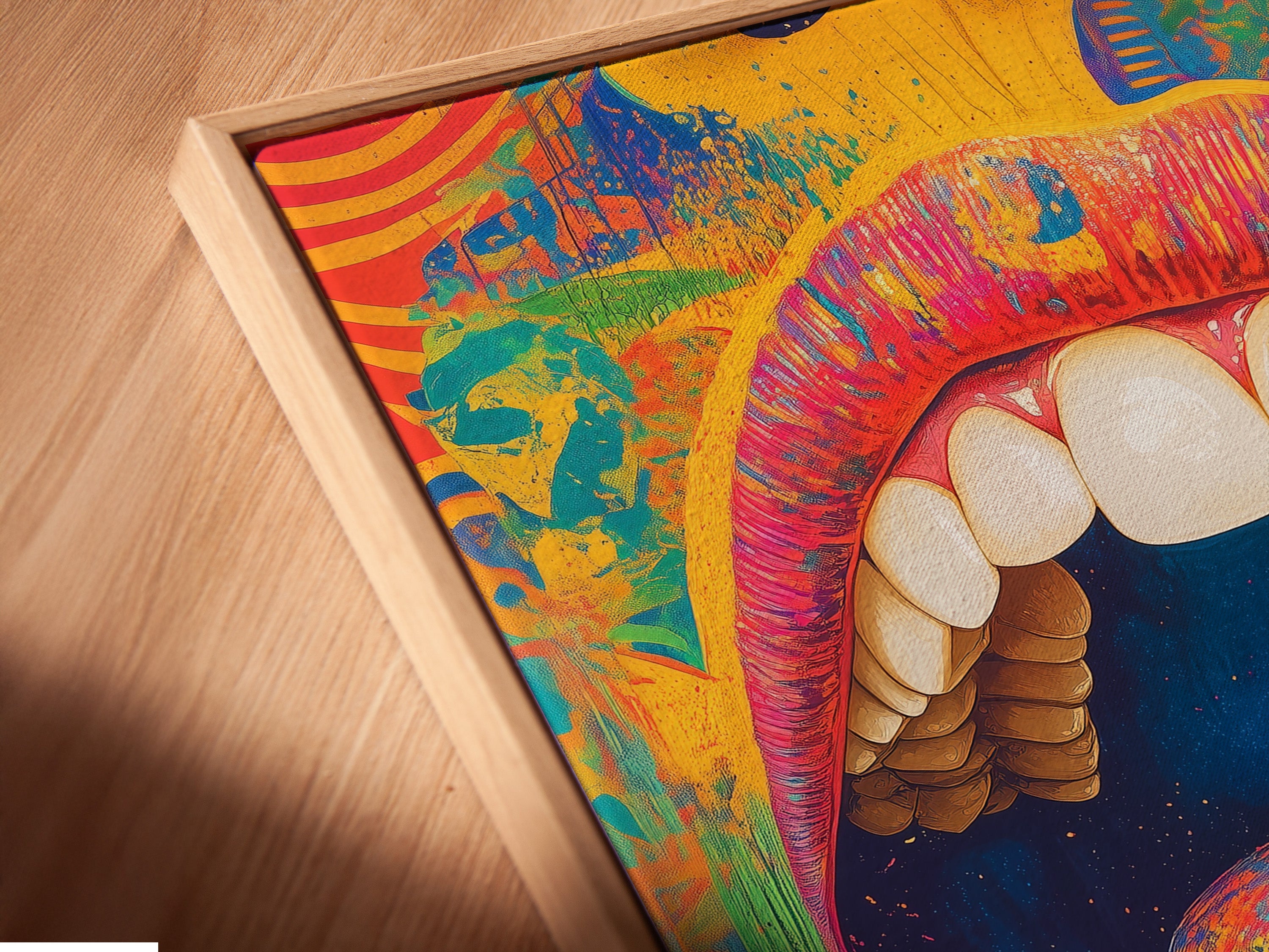 A close up angled view of a psychedelic mouth canvas print in a floating frame. The floating frame gives the artwork a modern look. The print is a colorful and funky piece of wall decor. It's perfect for creative spaces.