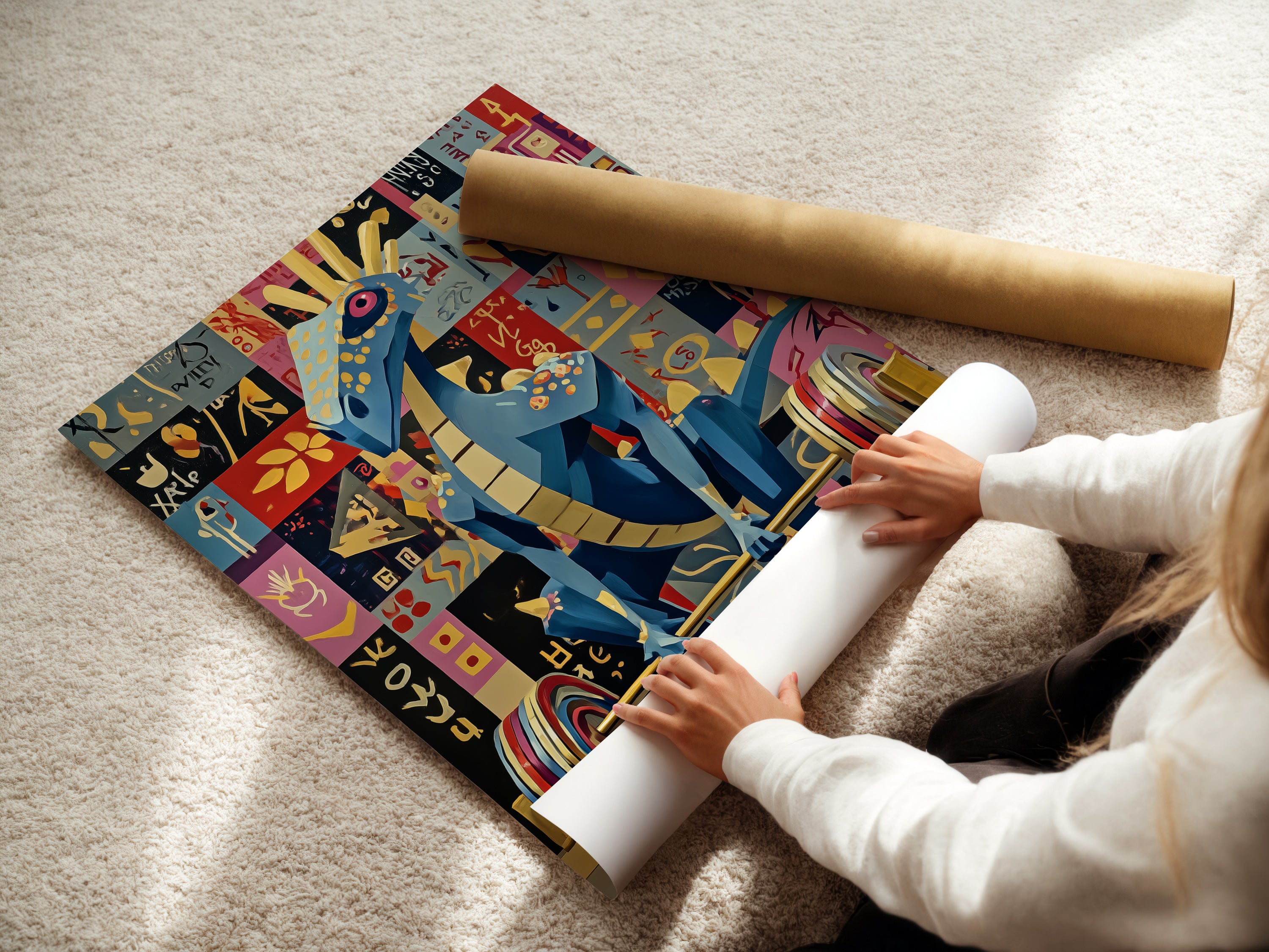 A woman is carefully rolling a fine art poster paper of the weightlifting dragon artwork. The art features a blue dragon lifting weights. This high-quality print is perfect for gym wall decor. Ideal for fitness buffs seeking unique and inspiring artwork for their space.