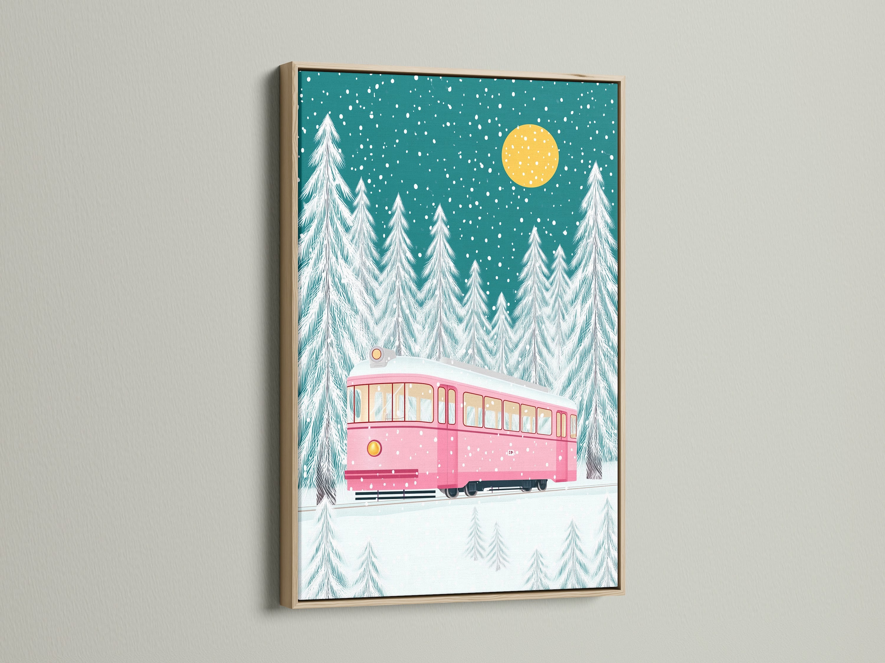 A charming pink tram artwork set against a snowy forest. The artwork is framed in a natural oak frame. This piece brings a cozy holiday feel to any space. It is a delightful addition to your festive decor or a thoughtful Christmas gift.