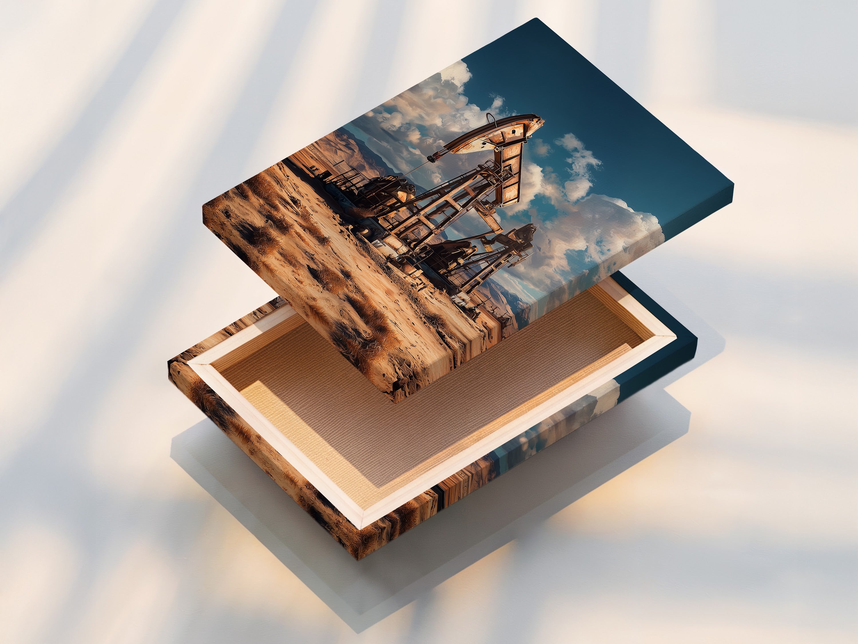 Stretched canvas print featuring industrial artwork of an oil rig. The desert landscape design adds a rustic touch to any space. Ideal for office wall art or home decor. The vintage style and sepia tones complement minimalist and industrial styles. This stretched canvas print offers a ready-to-hang solution.