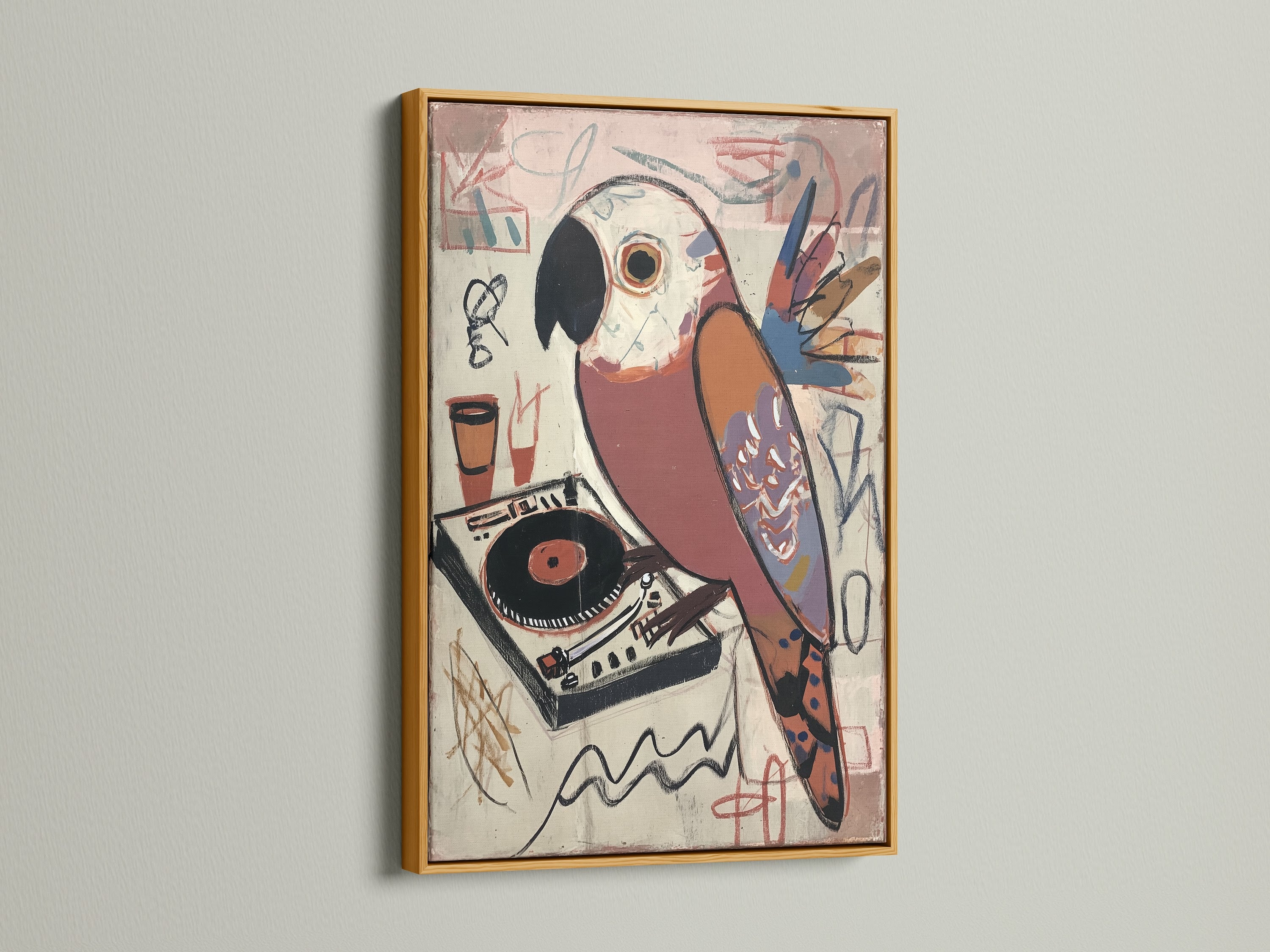 Vintage Parrot DJ Artwork in a Gold Frame. The gold frame adds a touch of elegance to the piece. This vinyl record art is perfect for eclectic and bohemian styles. Find the perfect frame for your space.