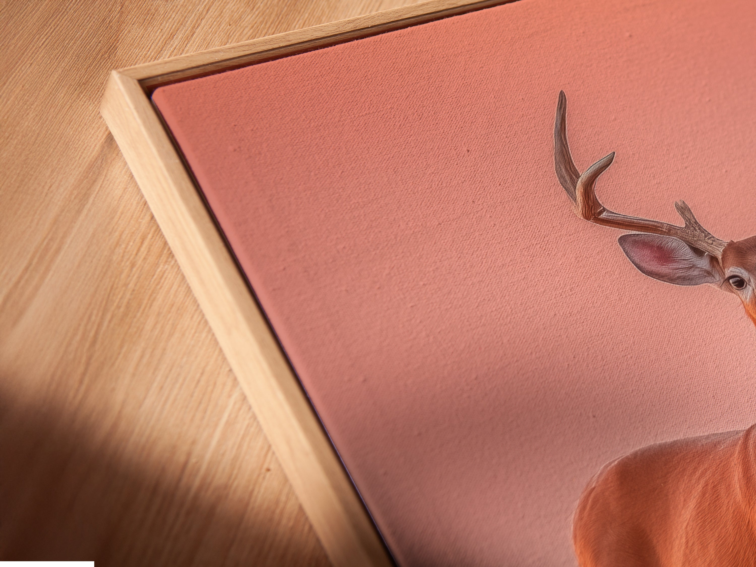 Close-up of deer canvas print in a floating frame. The artwork appears to float on the wall. Wildlife canvas art is modern and stylish. Pink floral antlers add depth. Nature photography print is beautifully displayed. The floating frame enhances any room. Discover its unique appeal.
