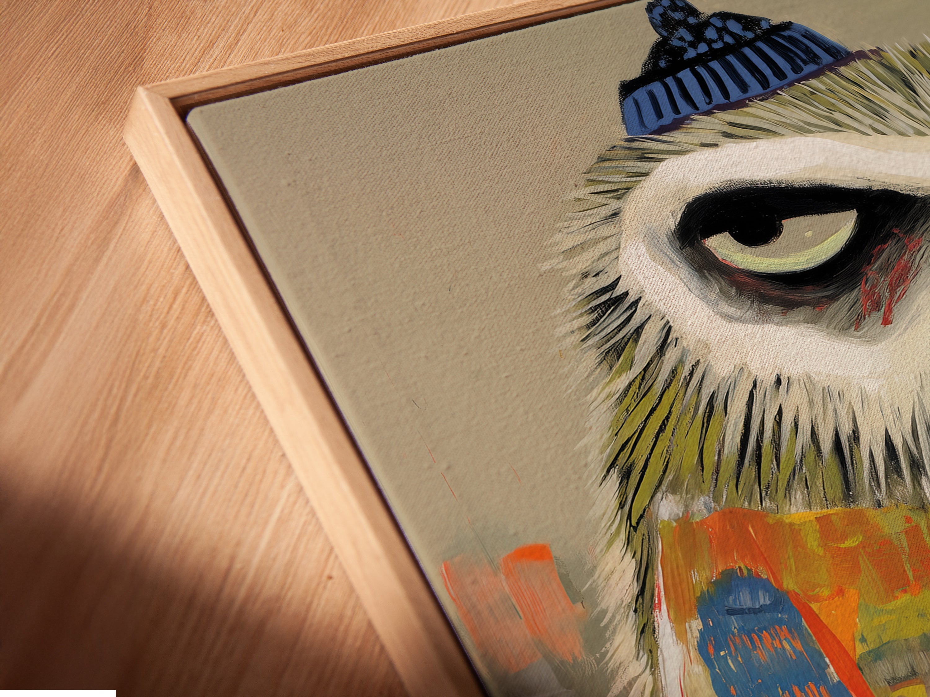 A close-up angled view highlights the canvas print in a floating frame. The skiing owl art is showcased with its vibrant colors and whimsical details. This modern wall art is perfect for kids rooms nurseries and playrooms. The contemporary style enhances any space with a touch of playful decor.