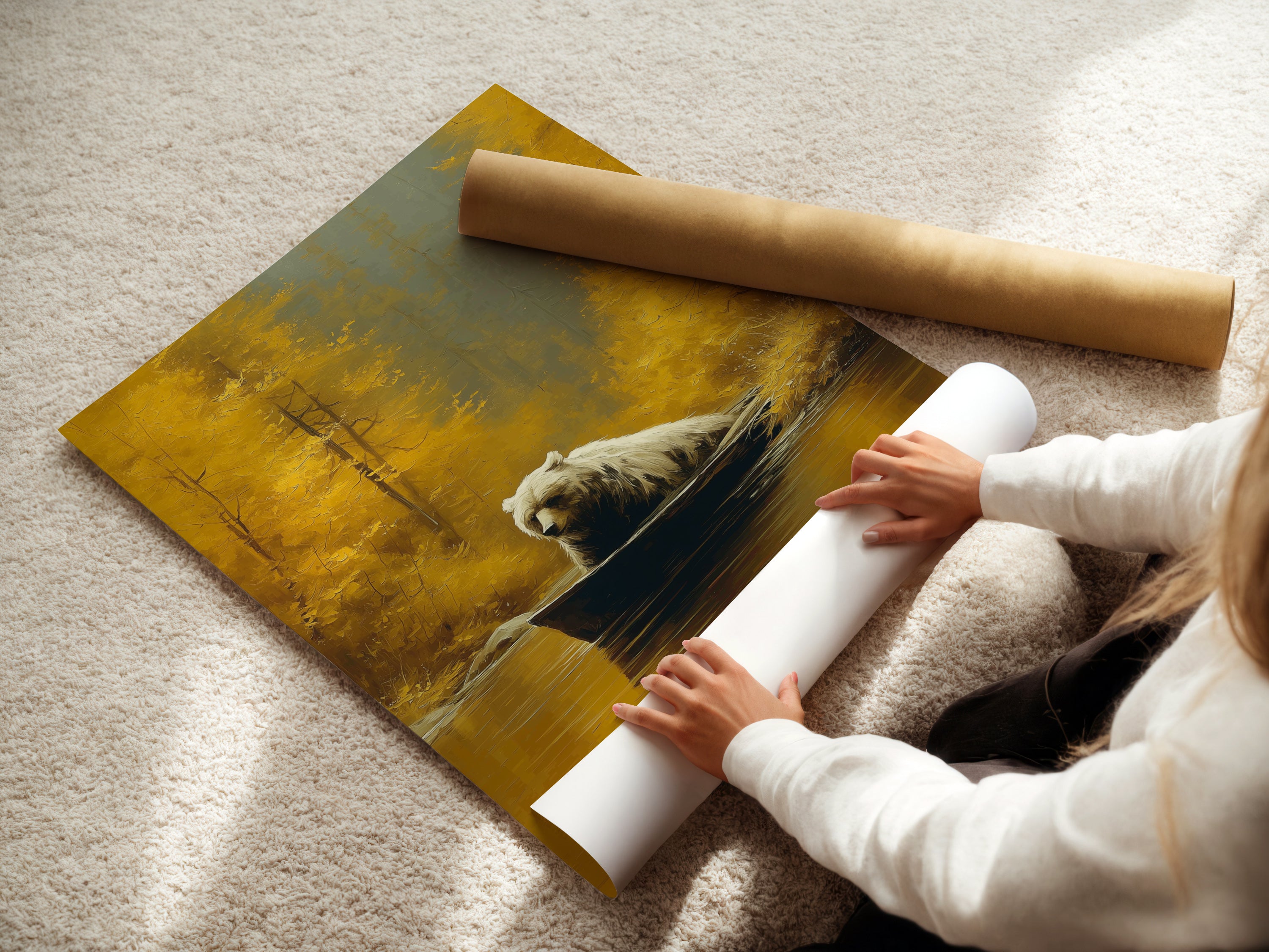 Watch as a woman rolls fine art poster paper. The paper is high-quality ensuring a perfect print. This bear in boat artwork will soon be ready to frame. Perfect for creating stunning wildlife prints. Ideal for cabin decor or gifts for him. Experience the craftsmanship behind each piece of art.