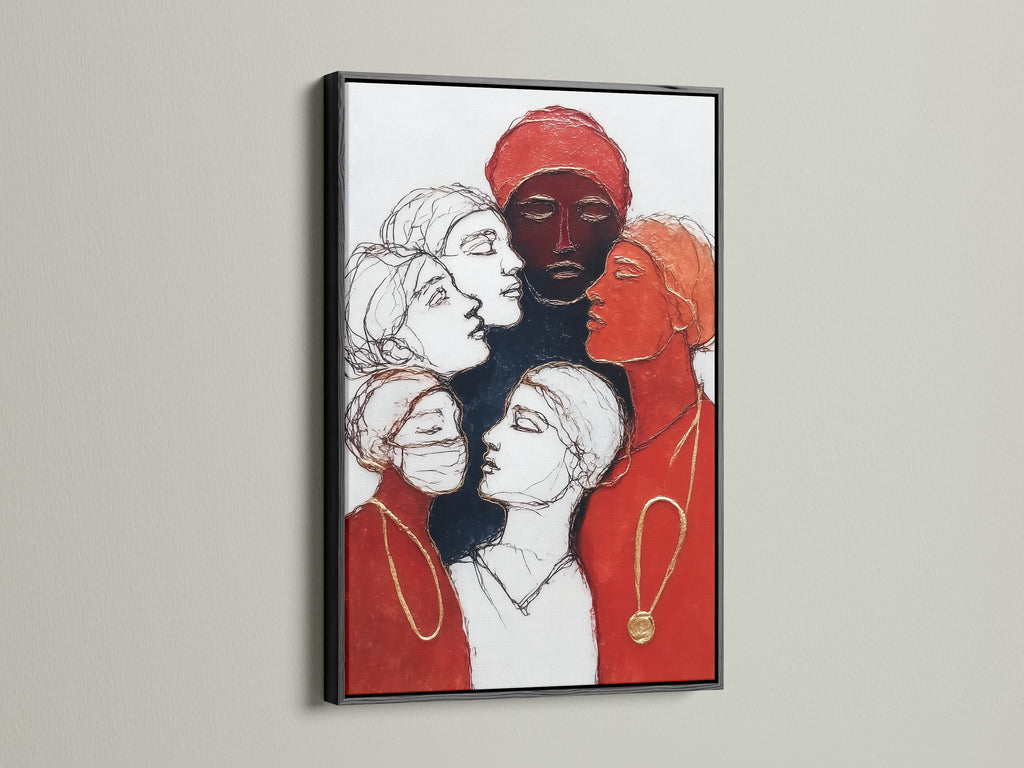 A black frame enhances women empowerment art. Diverse female portraits are printed on canvas. The red and black contemporary artwork is suitable for urban settings. It complements minimalist and eclectic styles. This artwork inspires unity and strength.