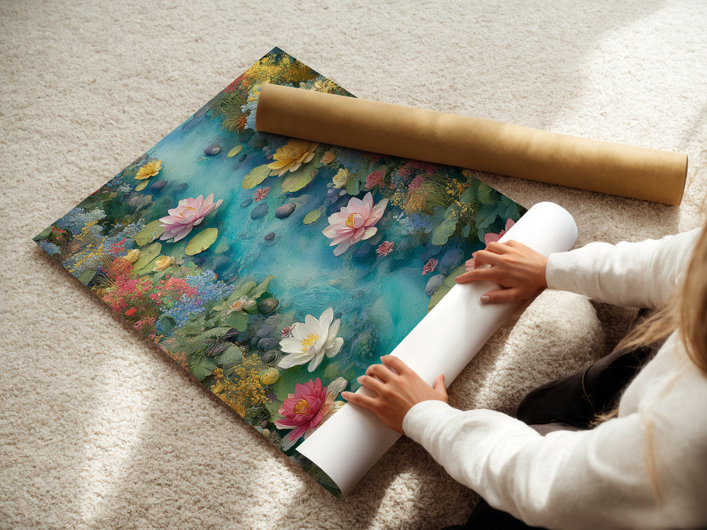 A woman carefully rolling a fine art poster paper featuring the Water Lily artwork. This botanical print is perfect for adding a touch of nature to any room. Ideal for creating a tranquil and serene atmosphere.