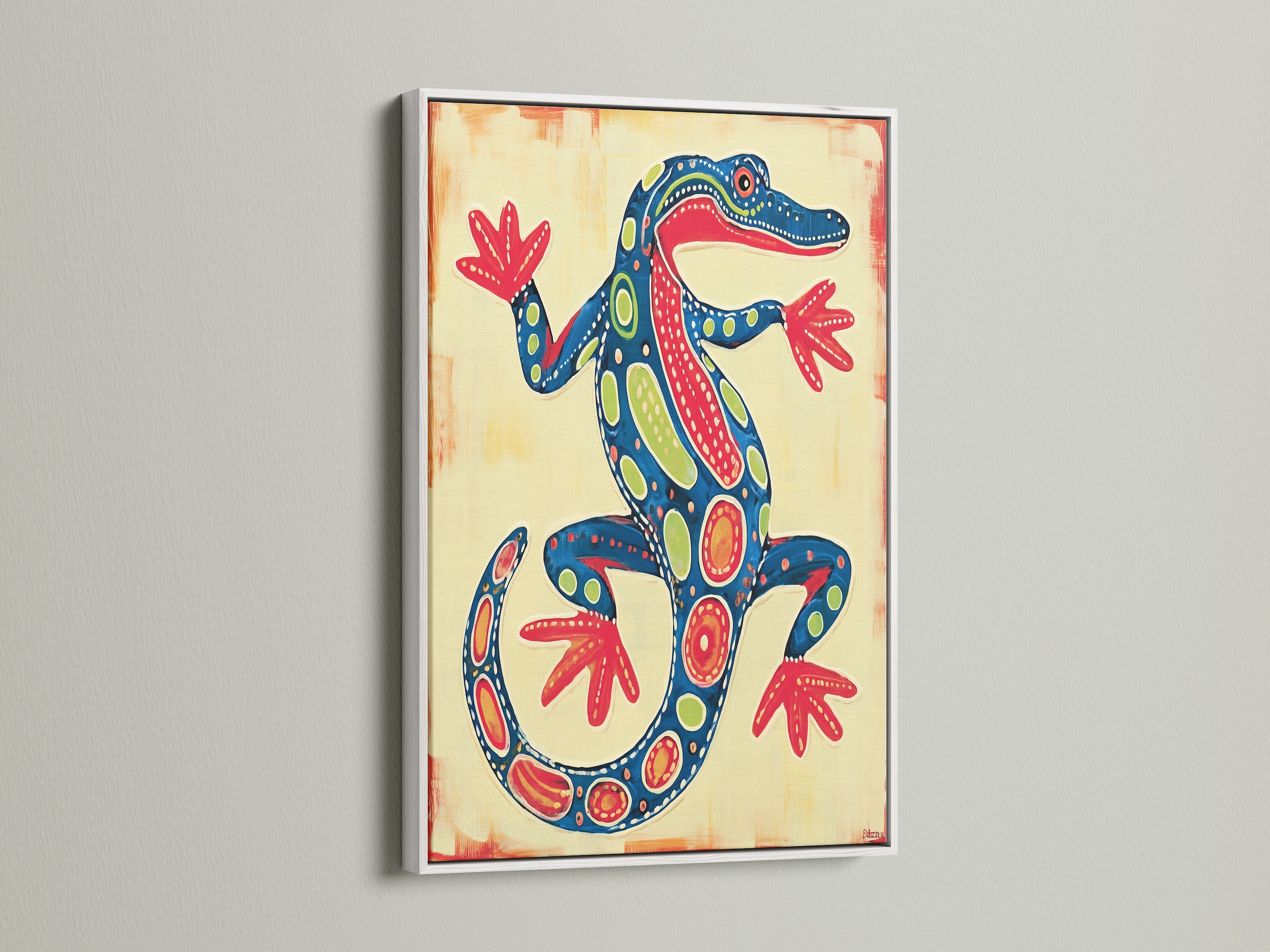 This reptile canvas looks elegant in a white frame. The white frame contrasts beautifully with the vibrant artwork. The lizard artwork is a great choice for nurseries. The colorful print is sure to brighten any space. Consider this amphibian print.