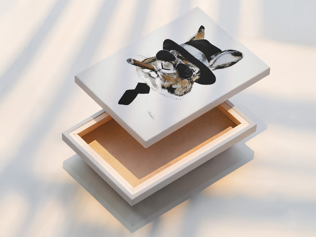 A stretched canvas print of the Gentleman Rabbit artwork. The stretched canvas provides a gallery-ready look. Ideal for adding a touch of whimsy. Perfect for modern and eclectic styles. The artwork is ready to hang and enjoy. It is a great statement piece.