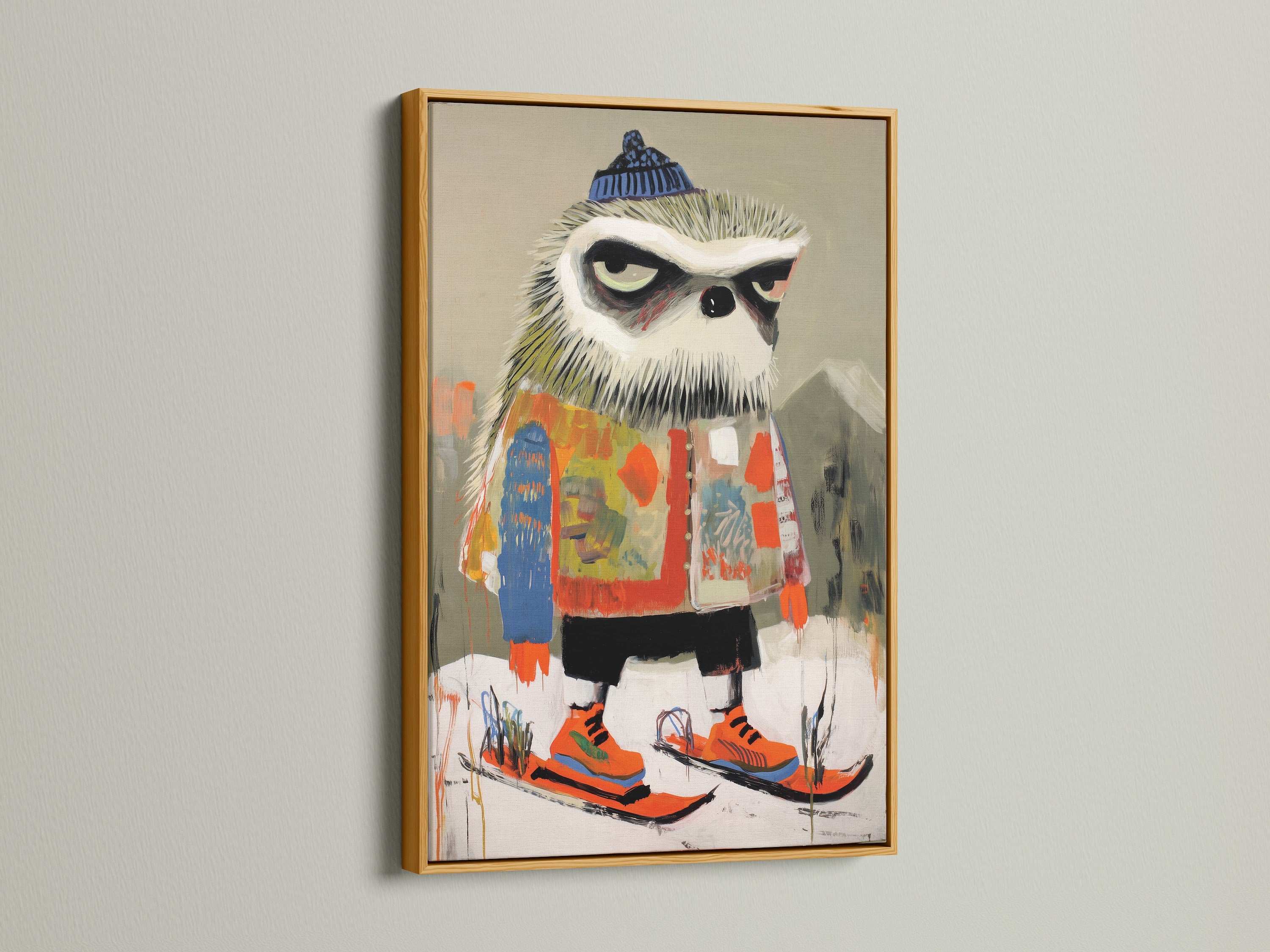 The skiing owl art is elegantly displayed in a gold frame. The warm tones enhance the colorful winter animal print. This piece is perfect for adding a touch of sophistication to kids room decor. The playful wall art suits eclectic Scandinavian and modern interiors in lobbies boardrooms and cafes.