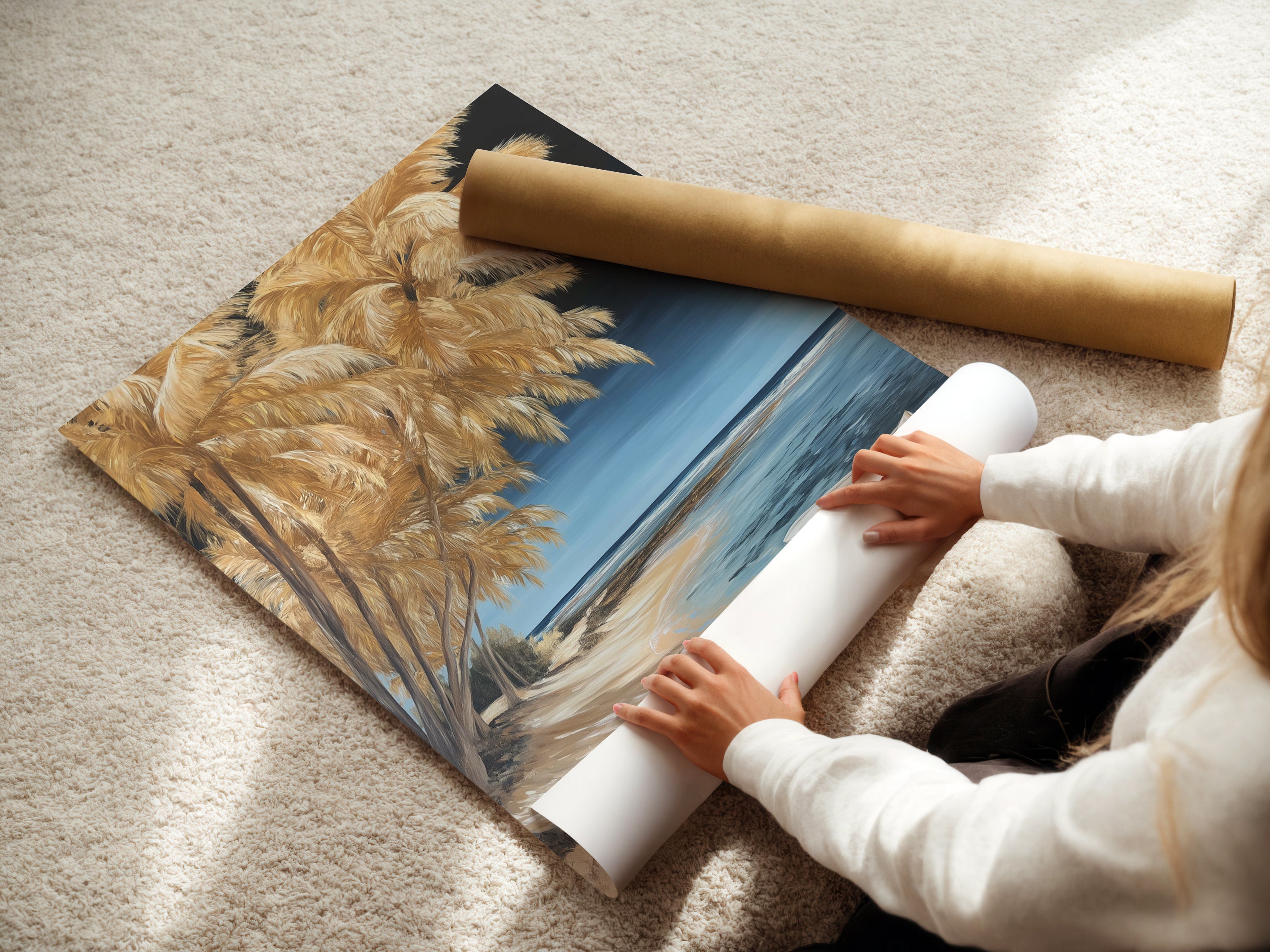 A woman is carefully rolling a fine art poster paper. This highlights the care in handling our boat art prints. The fine art paper ensures a high-quality seascape artwork.