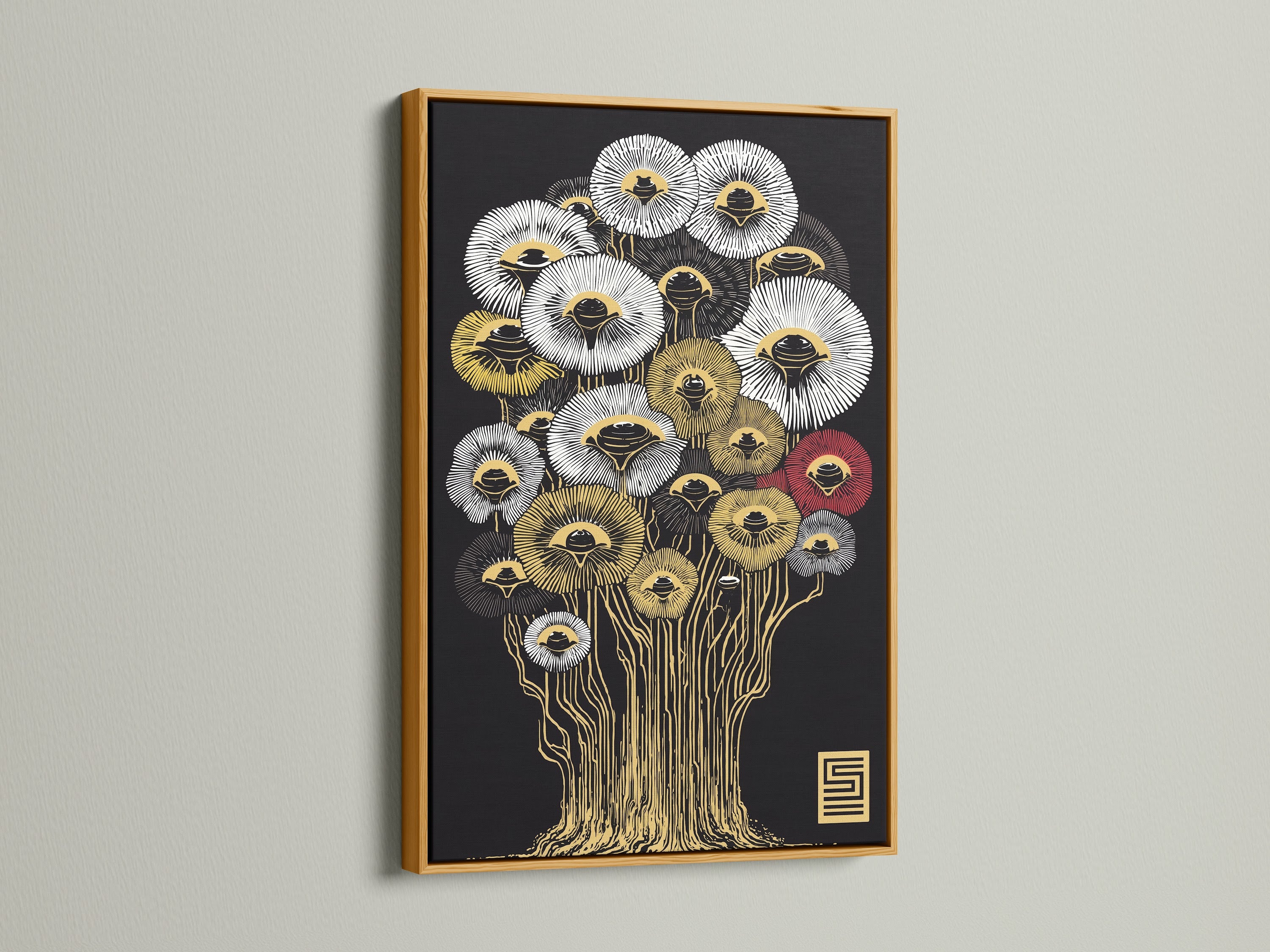 Admire a gold frame accentuating abstract floral tree artwork. This botanical print adds a touch of glam. Perfect modern artwork to enhance office decor. Transform your space now.