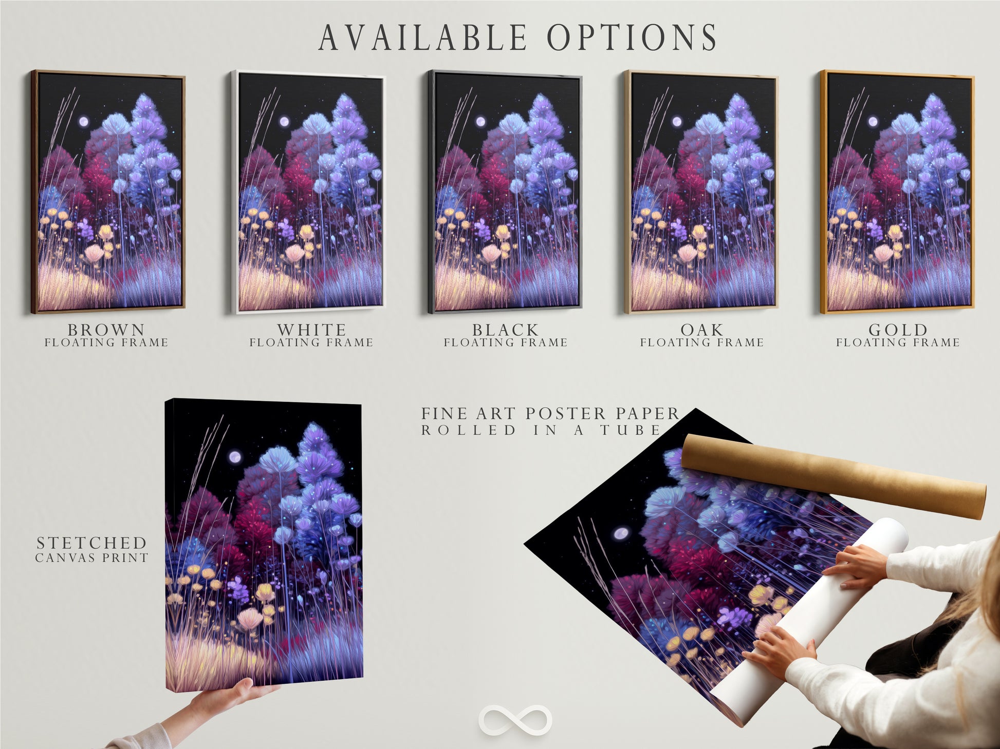 Explore available options for the Floral Night artwork. Choose from a stretched canvas print fine art poster paper or floating frame. The indigo and violet flower field artwork enhances any room. Find the perfect style.
