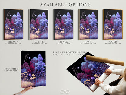 Explore available options for the Floral Night artwork. Choose from a stretched canvas print fine art poster paper or floating frame. The indigo and violet flower field artwork enhances any room. Find the perfect style.