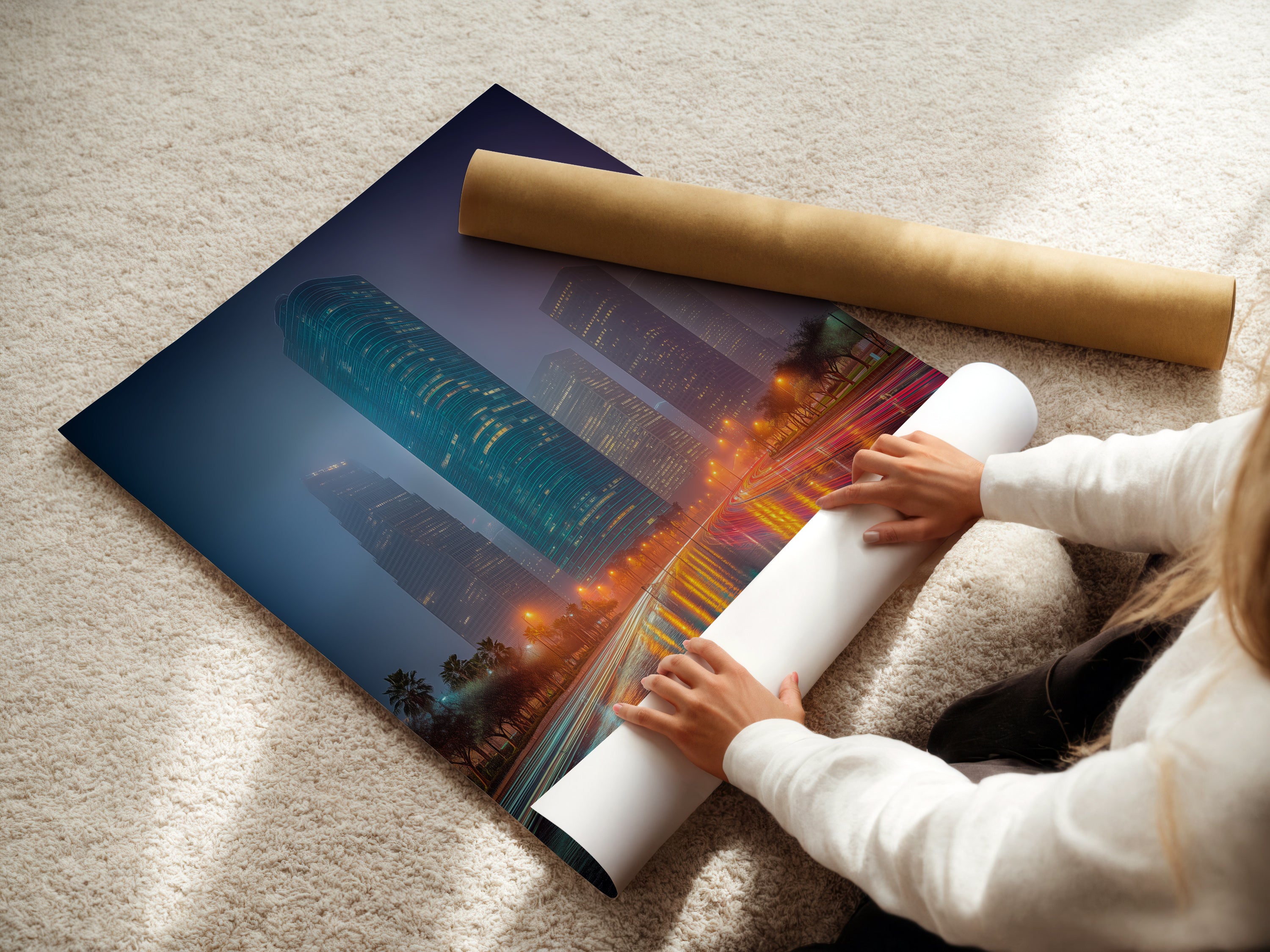 Observe a woman carefully rolling a fine art poster paper. The paper is high-quality and ready for printing. This image showcases the care and precision involved. Perfect for creating stunning cityscape art. Ideal for urban wall art and skyline designs.