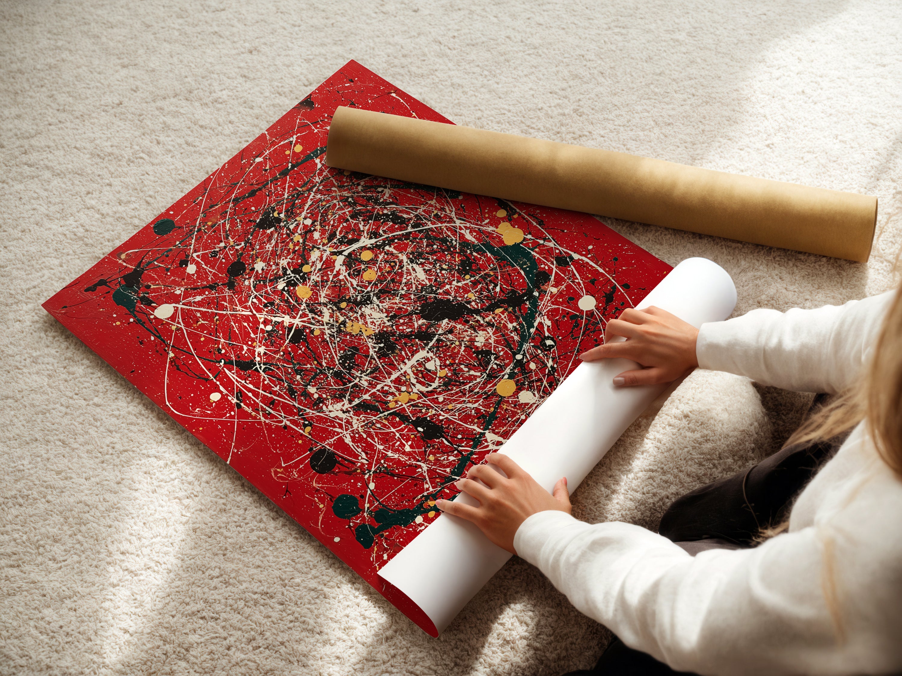 A woman carefully rolls a fine art poster paper. The paper features abstract splatter art. This red canvas wall art is perfect for modern decor. The paint drip artwork adds a contemporary touch. Ideal for creative spaces and modern homes. Enhance your collection with this expressive piece.