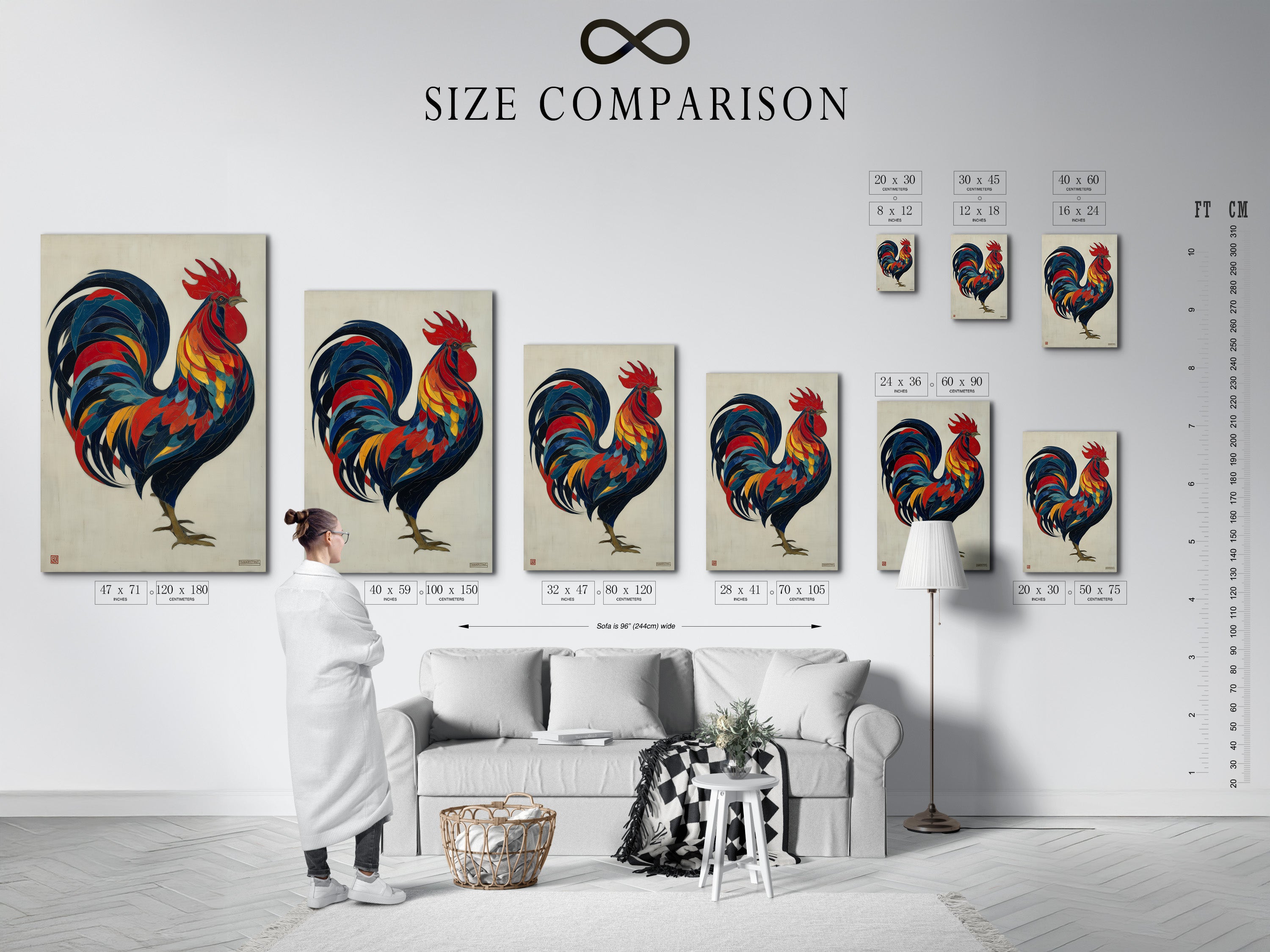 A size comparison chart displayed in an interior setting. This chart helps you visualize the different sizes of the colorful rooster artwork. Choose the perfect size to fit your wall space and complement your room decor. Find the ideal piece for your farmhouse or country-style home.