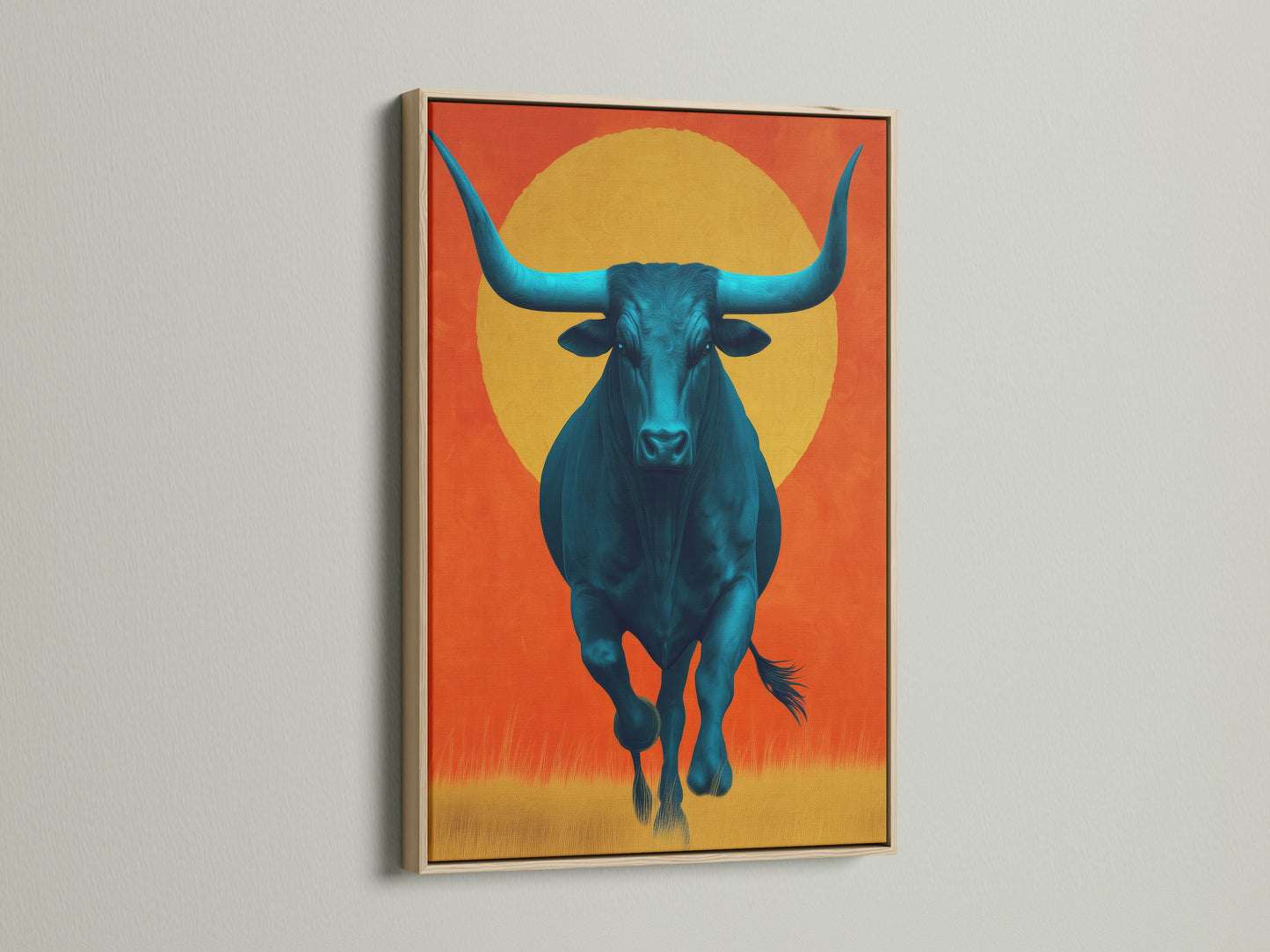 View a captivating teal bull artwork print framed in oak. This piece embodies modern canvas art and farmhouse decor. Its Southwestern style is ideal for adding character to any room. A unique animal artwork that enhances your home decor with a touch of western art.