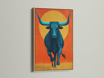 View a captivating teal bull artwork print framed in oak. This piece embodies modern canvas art and farmhouse decor. Its Southwestern style is ideal for adding character to any room. A unique animal artwork that enhances your home decor with a touch of western art.