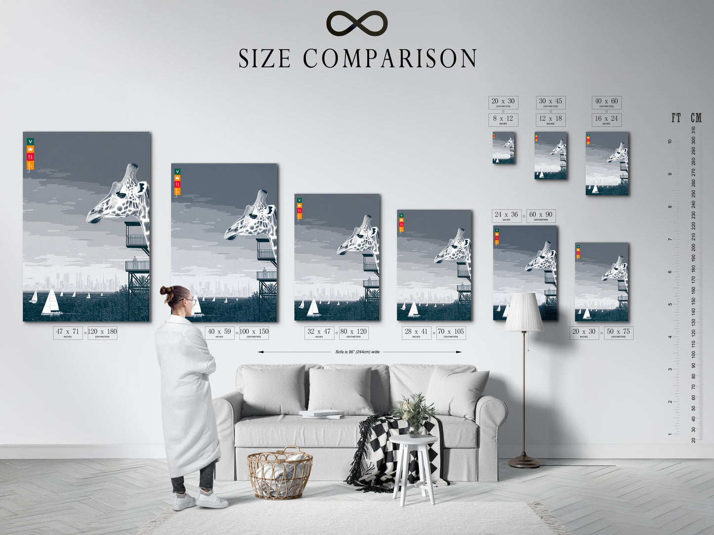 A size comparison chart is displayed in a stylish interior setting. The artwork featured is a giraffe with a city skyline and sailboats. Use this chart to visualize the perfect size for your modern wall art needs.