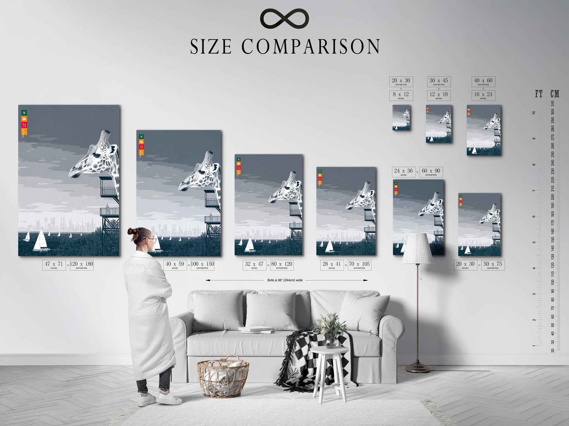 A size comparison chart is displayed in a stylish interior setting. The artwork featured is a giraffe with a city skyline and sailboats. Use this chart to visualize the perfect size for your modern wall art needs.
