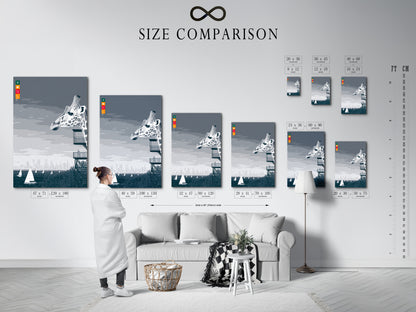 A size comparison chart is displayed in a stylish interior setting. The artwork featured is a giraffe with a city skyline and sailboats. Use this chart to visualize the perfect size for your modern wall art needs.