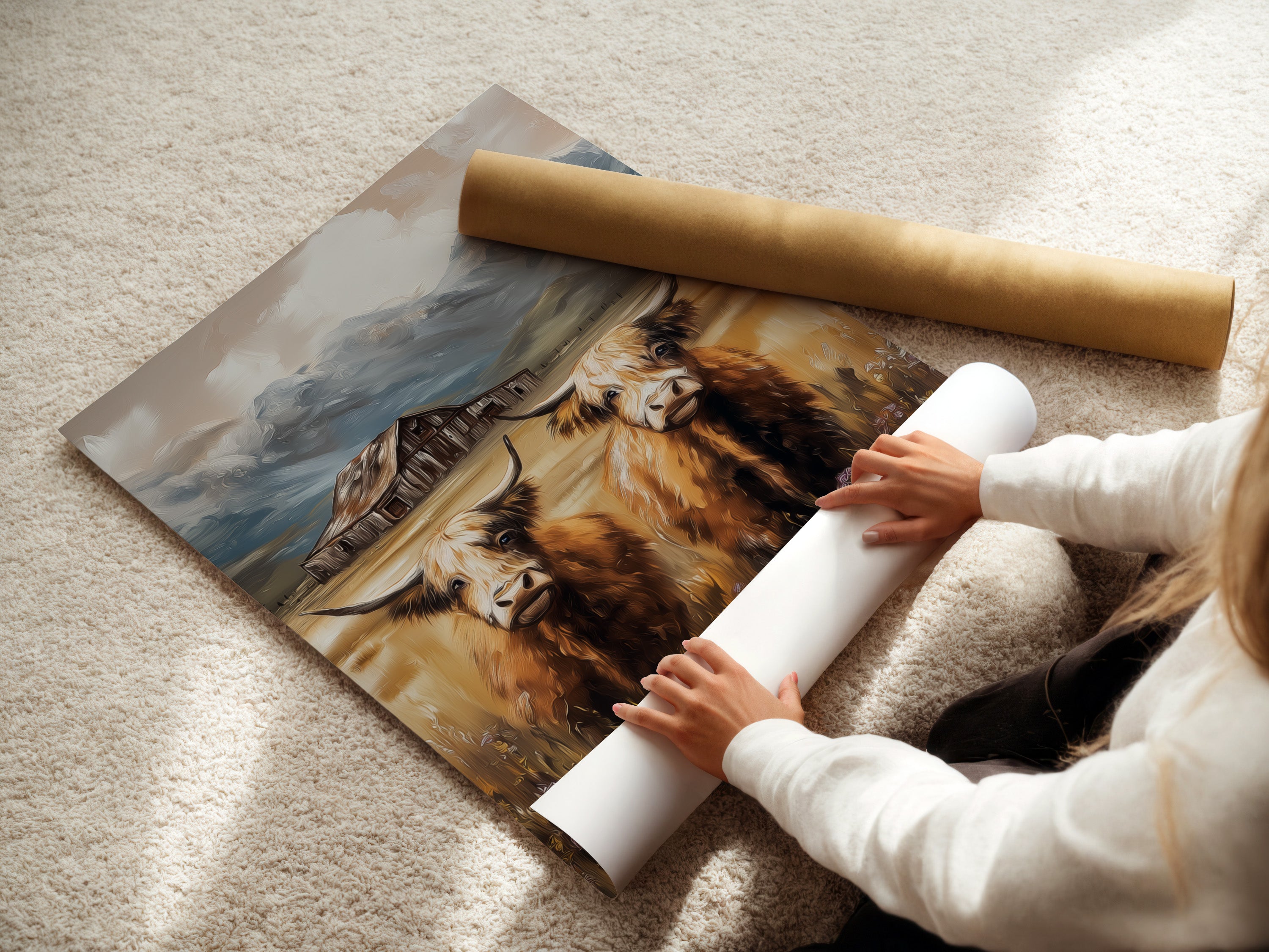Woman carefully rolling a fine art poster paper of a highland cow artwork. Preparing a high-quality rustic print for your farmhouse or country-themed home decor. Ready to hang art.