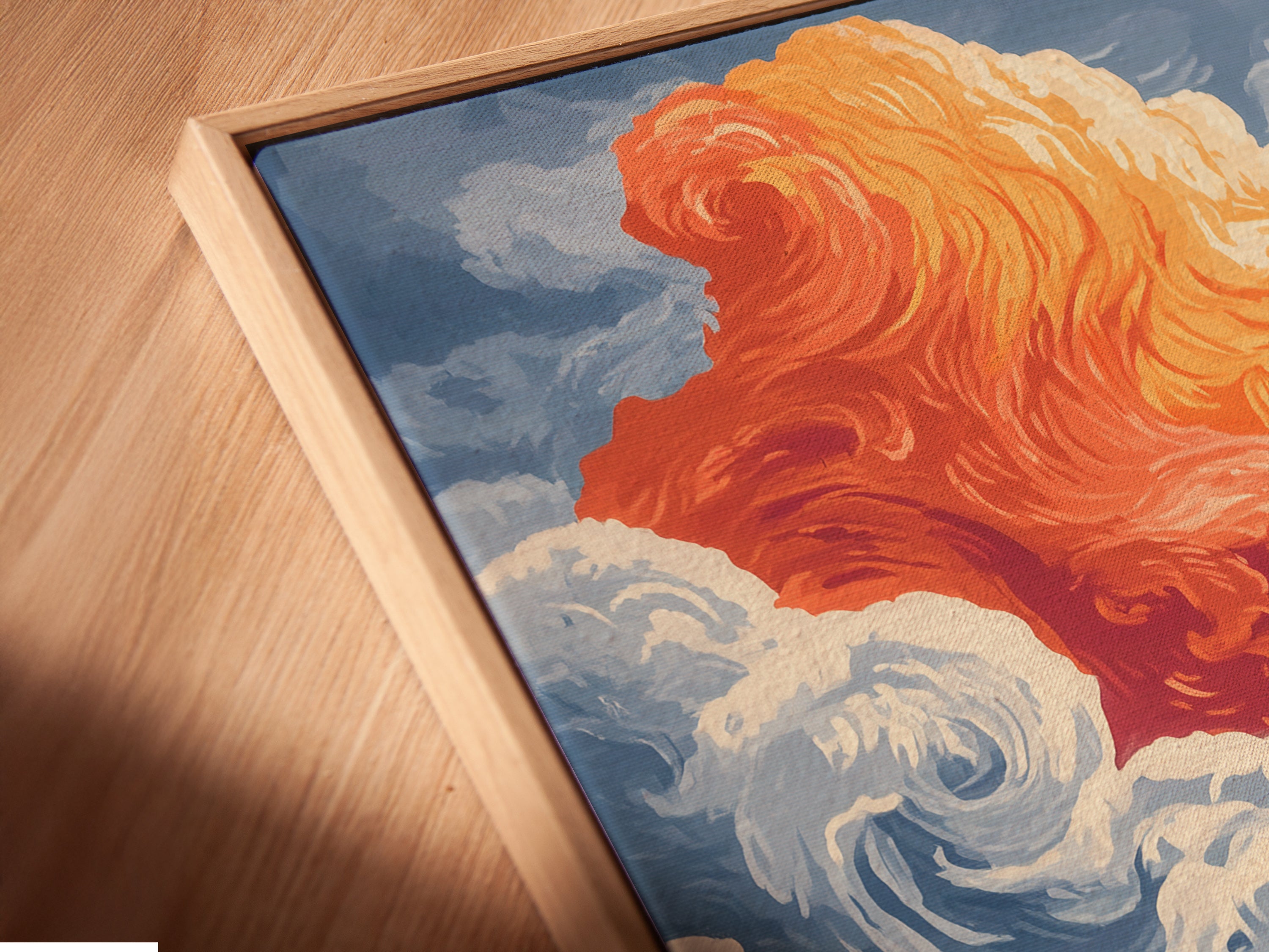 A close-up of our canvas print in a floating frame. The angle captures the intricate details of the ocean wave artwork. This beach scene wall art enhances any room. Perfect for homeowners interior designers stagers and business owners. Shop now and elevate your coastal decor.