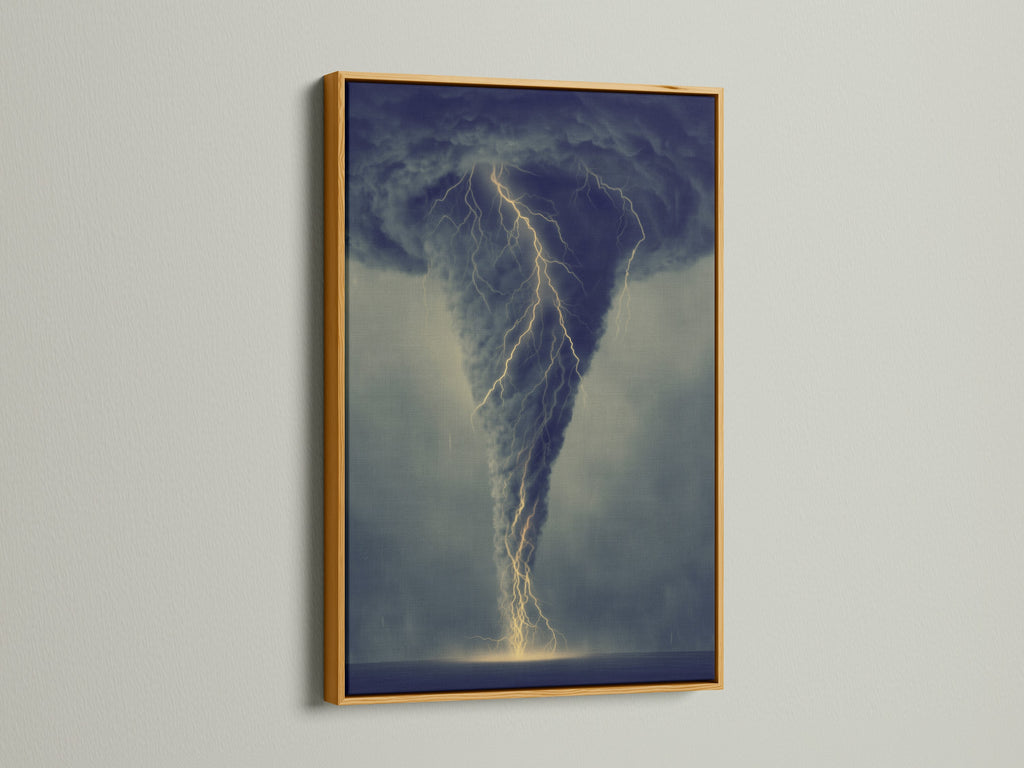 Tornado art displayed in a gold frame. The lightning storm wall art brings a luxurious feel. This moody decor is perfect for lobbies. The gold frame enhances coastal or rustic styles. Find nature artwork to elevate your space