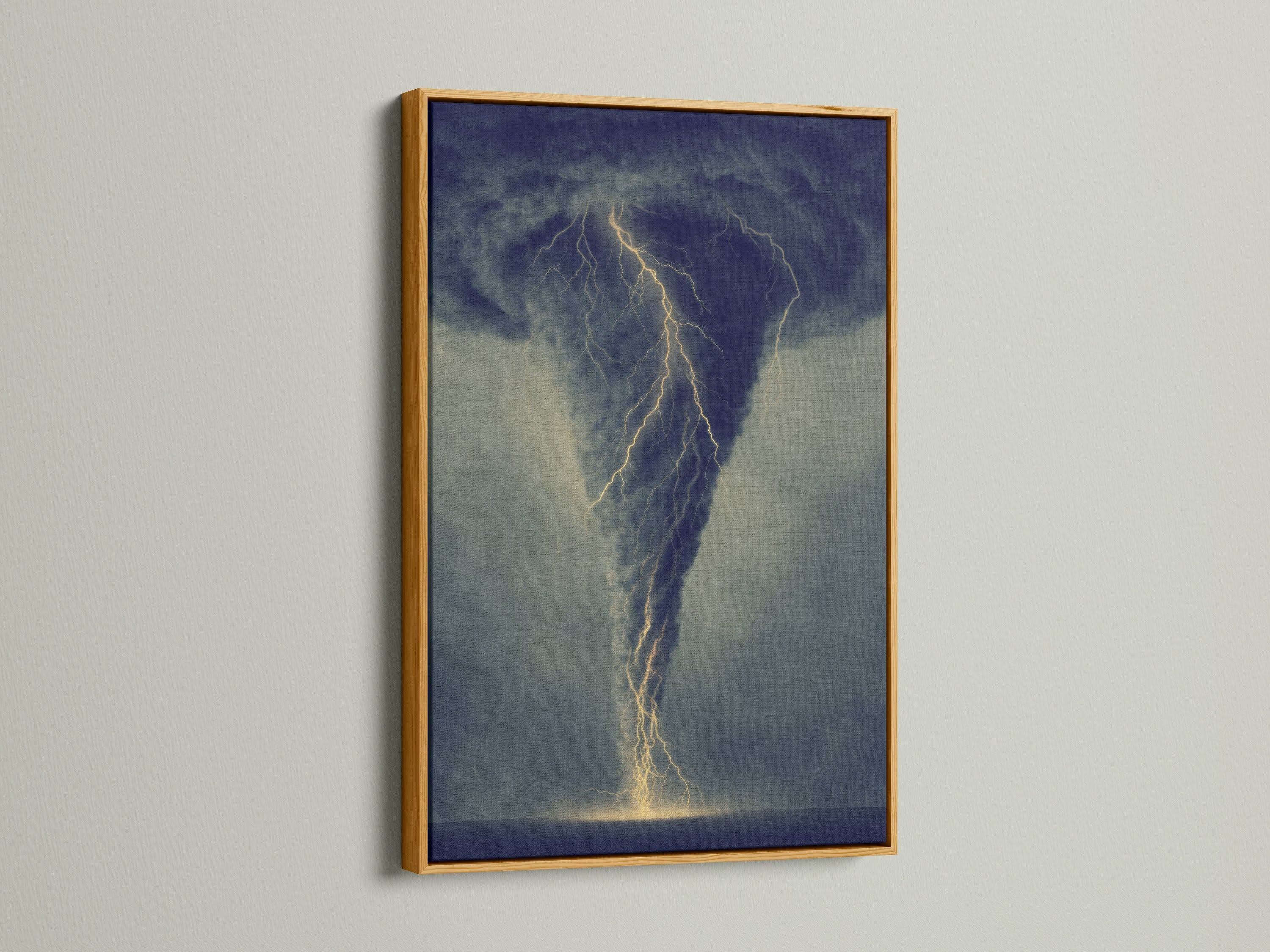 Tornado art displayed in a gold frame. The lightning storm wall art brings a luxurious feel. This moody decor is perfect for lobbies. The gold frame enhances coastal or rustic styles. Find nature artwork to elevate your space