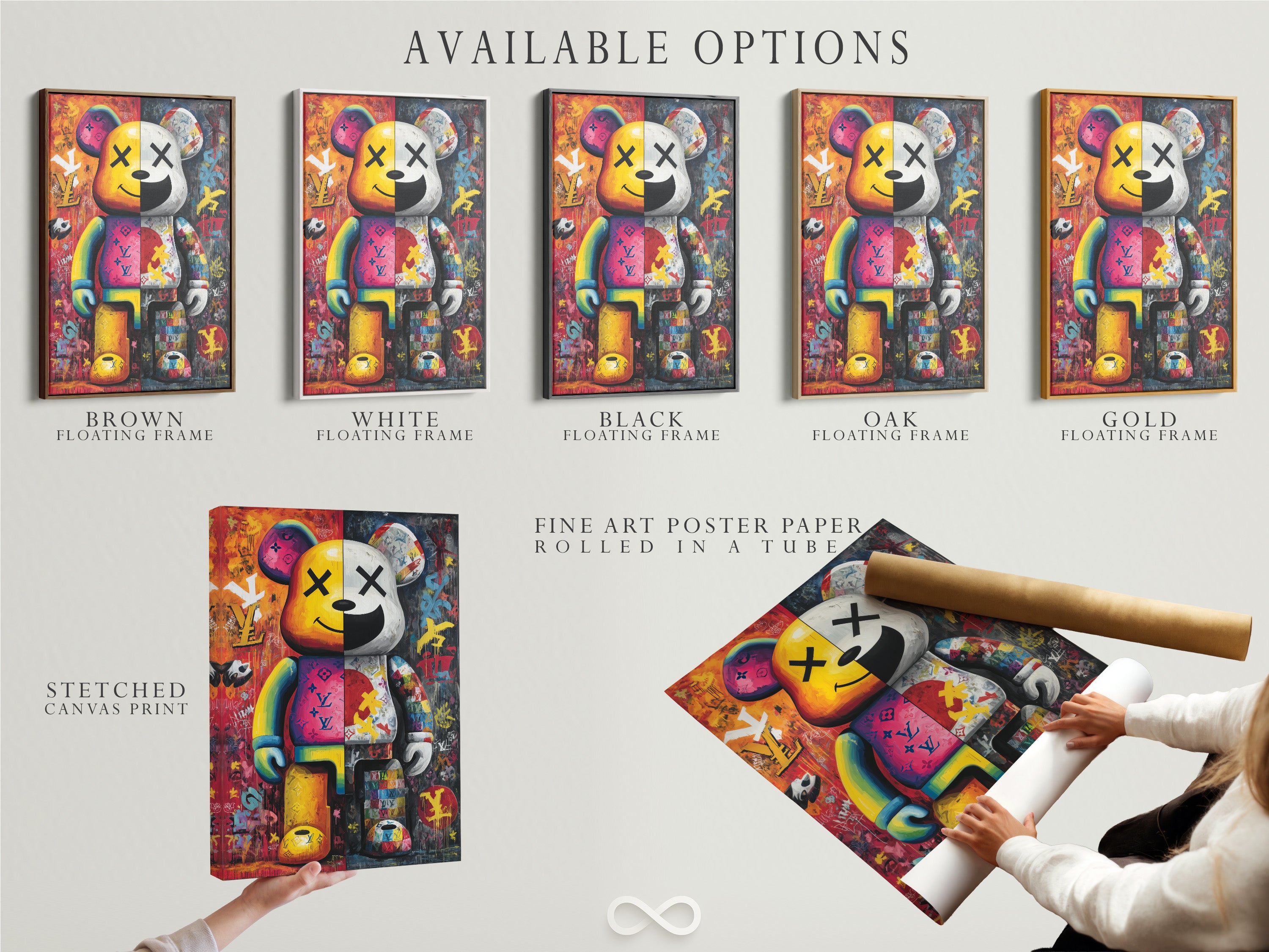 Available options for Kaws Companion art. Options include stretched canvas prints fine art poster paper and floating frames. Choose the perfect style for your pop art street graffiti wall art needs. Enhance your modern office decor today.