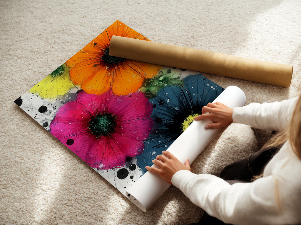 Woman carefully rolling a fine art poster paper print. This ensures safe shipping and handling of the vibrant flower artwork. The colorful botanical art features orange pink and blue flowers. Perfect for adding a touch of nature to your home or office decor.