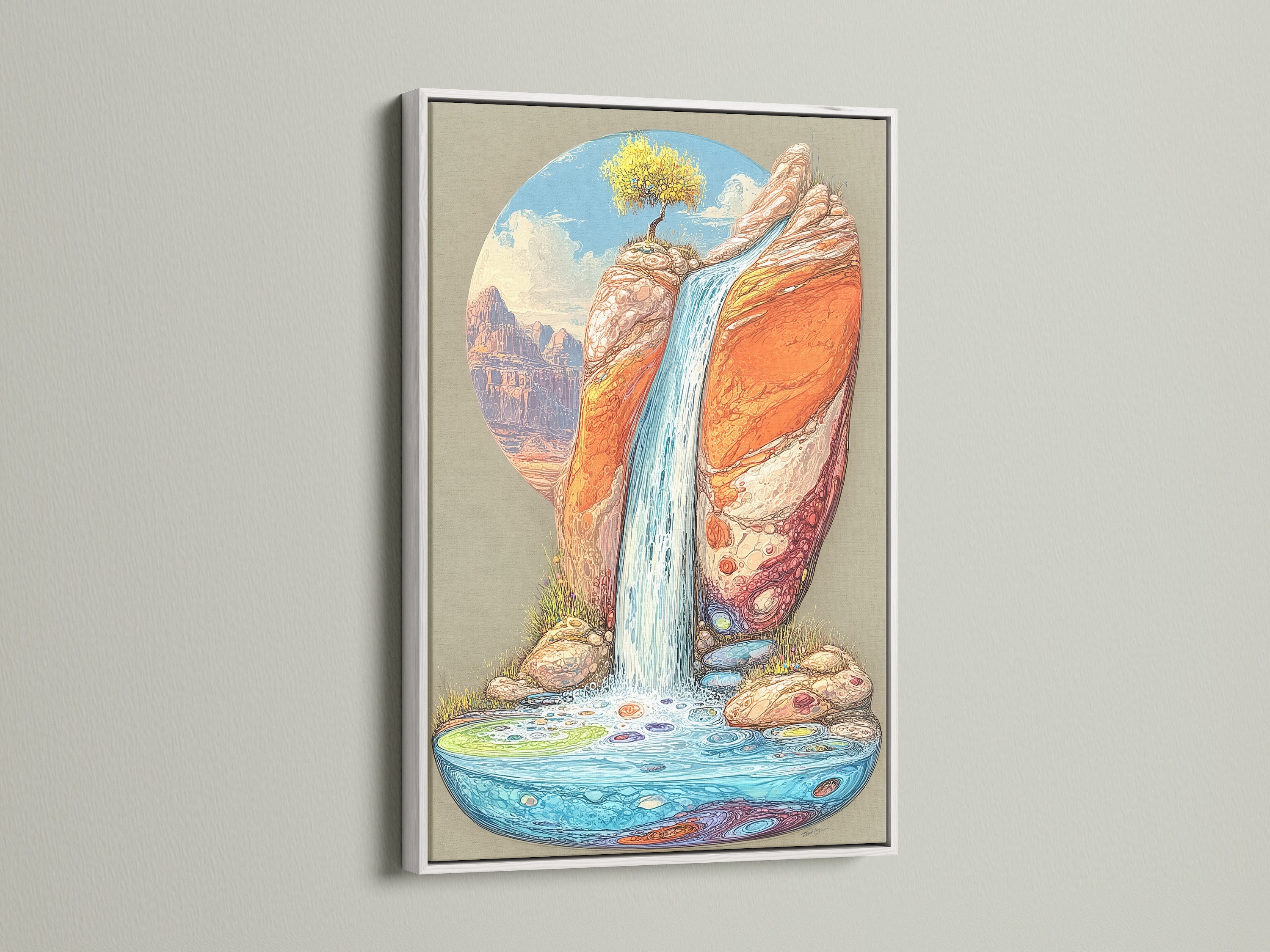 A desert waterfall artwork is elegantly framed in white. This nature canvas print brings the beauty of a canyon landscape into your home. Enhance your bedroom or office with this southwestern art. It is ideal for adding a boho touch to your wall decor.