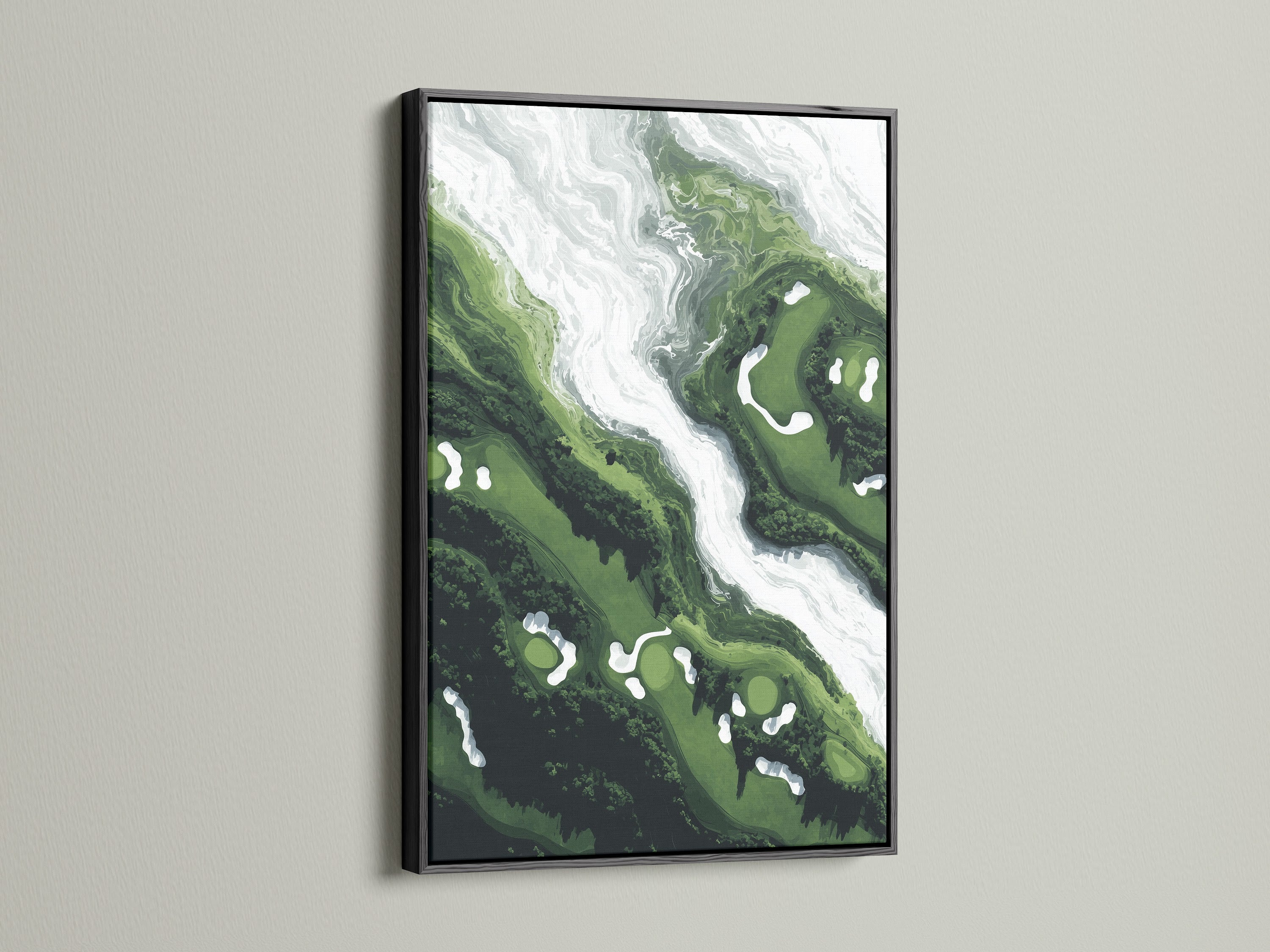 Green abstract art is presented in a sleek black frame. This modern wall decor features a marble print. The fluid art canvas adds sophistication to any space. Ideal for man cave wall decor. The emerald abstract artwork is perfect for contemporary styles. The swirl artwork enhances your home.